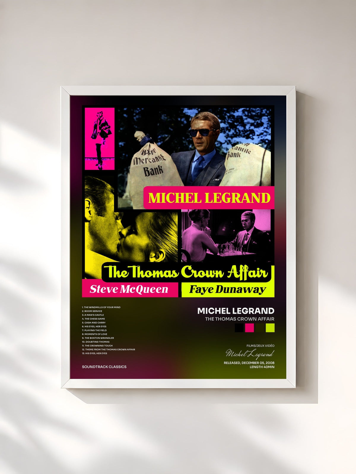 #blanc Tableau de l'album The Thomas Crown Affair de Michel Legrand, cadre blanc, imprimé et encadré en France