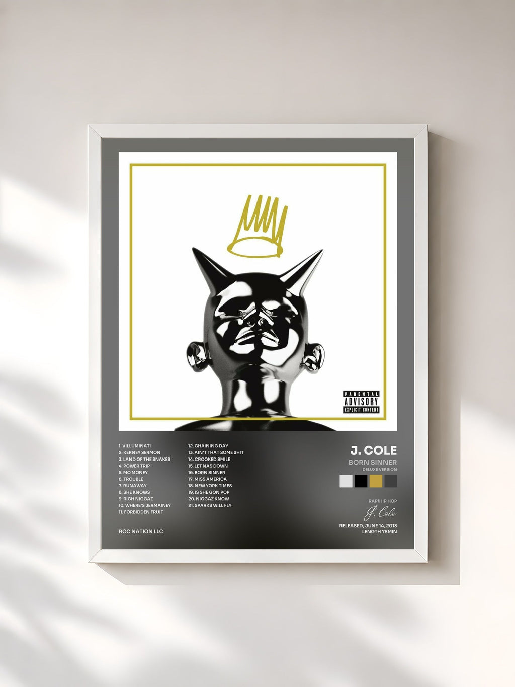 #blanc Born Sinner (Deluxe Version) di J. Cole in stampa incorniciata, cornice bianca, stampata e incorniciata in Francia