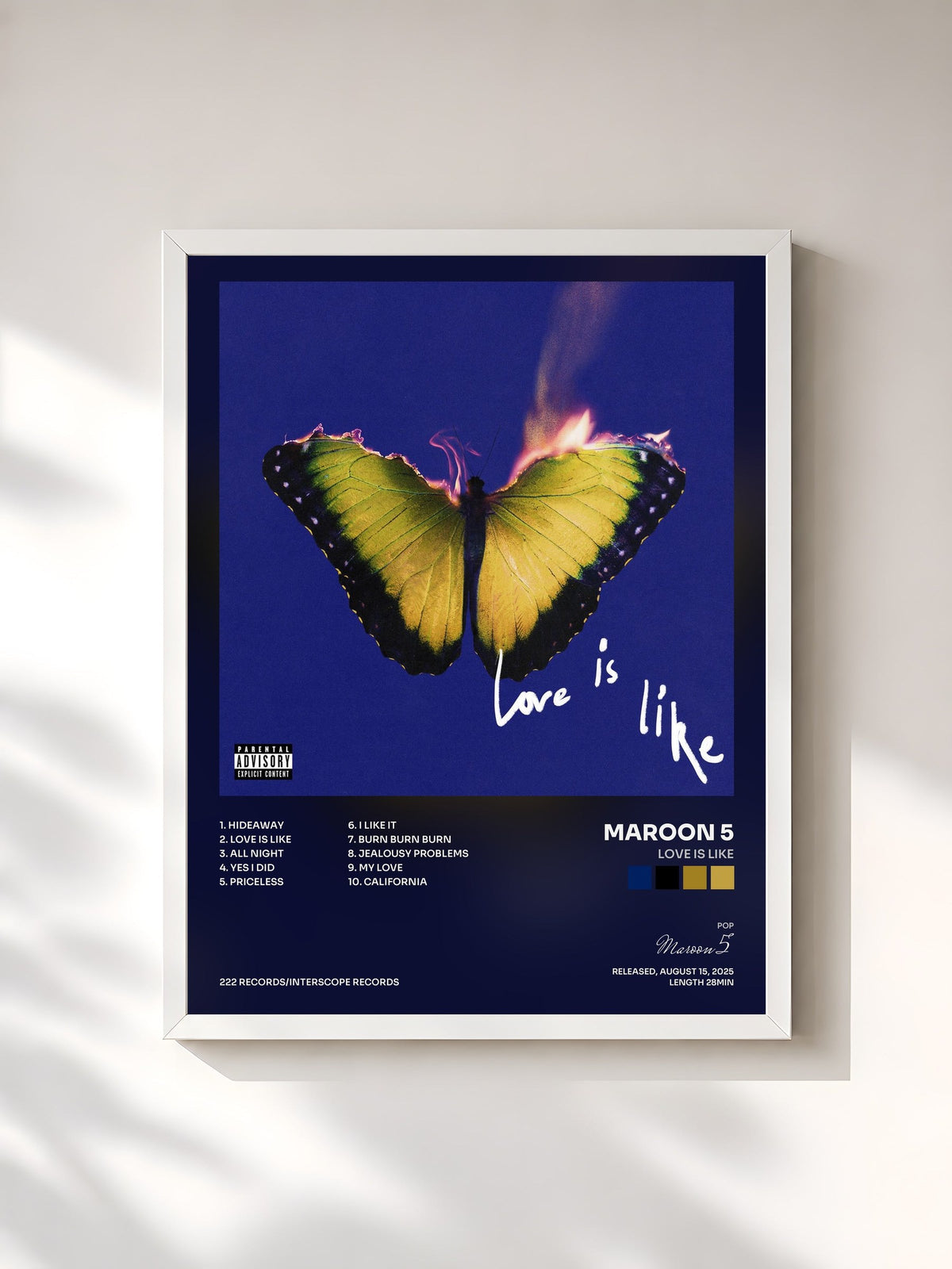 #blanc Tableau de l'album Love Is Like de Maroon 5, cadre blanc, imprimé et encadré en France