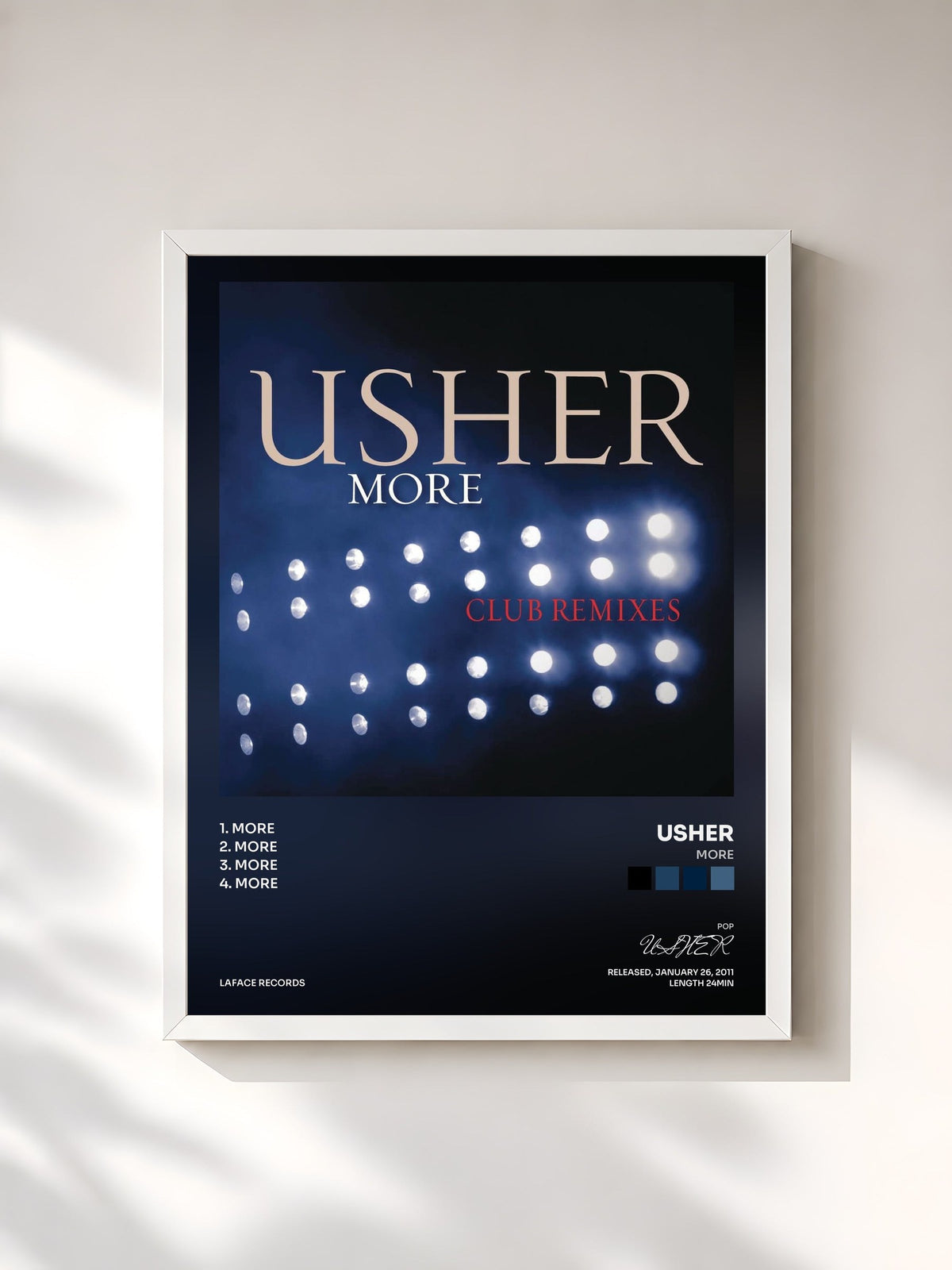 #blanc Tableau de l'album More de USHER, cadre blanc, imprimé et encadré en France