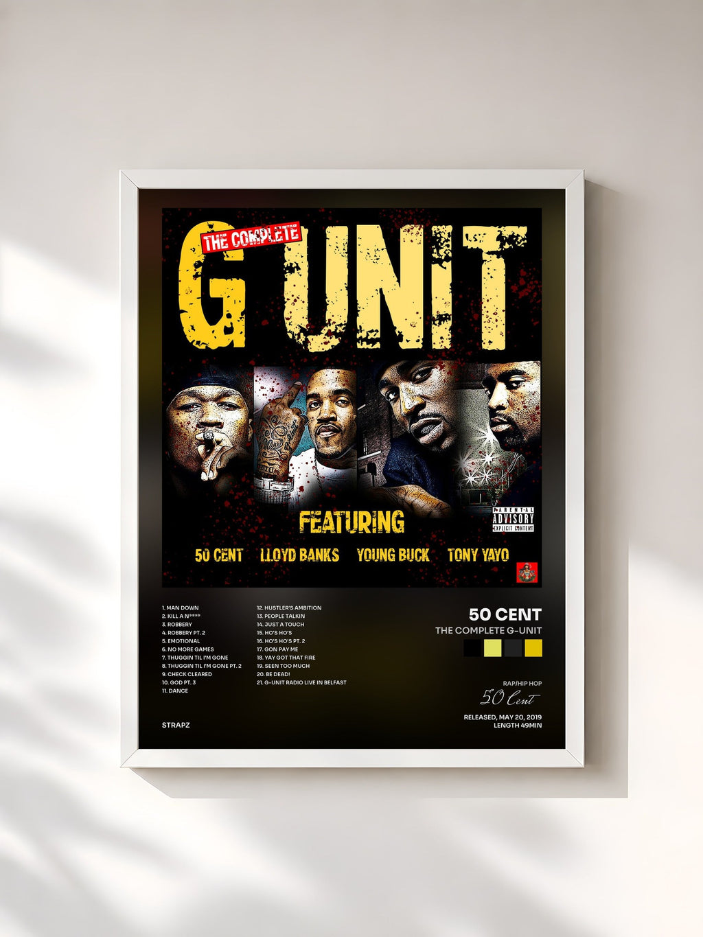 #blanc Tableau de l'album The Complete G-Unit de 50 Cent, cadre blanc, imprimé et encadré en France