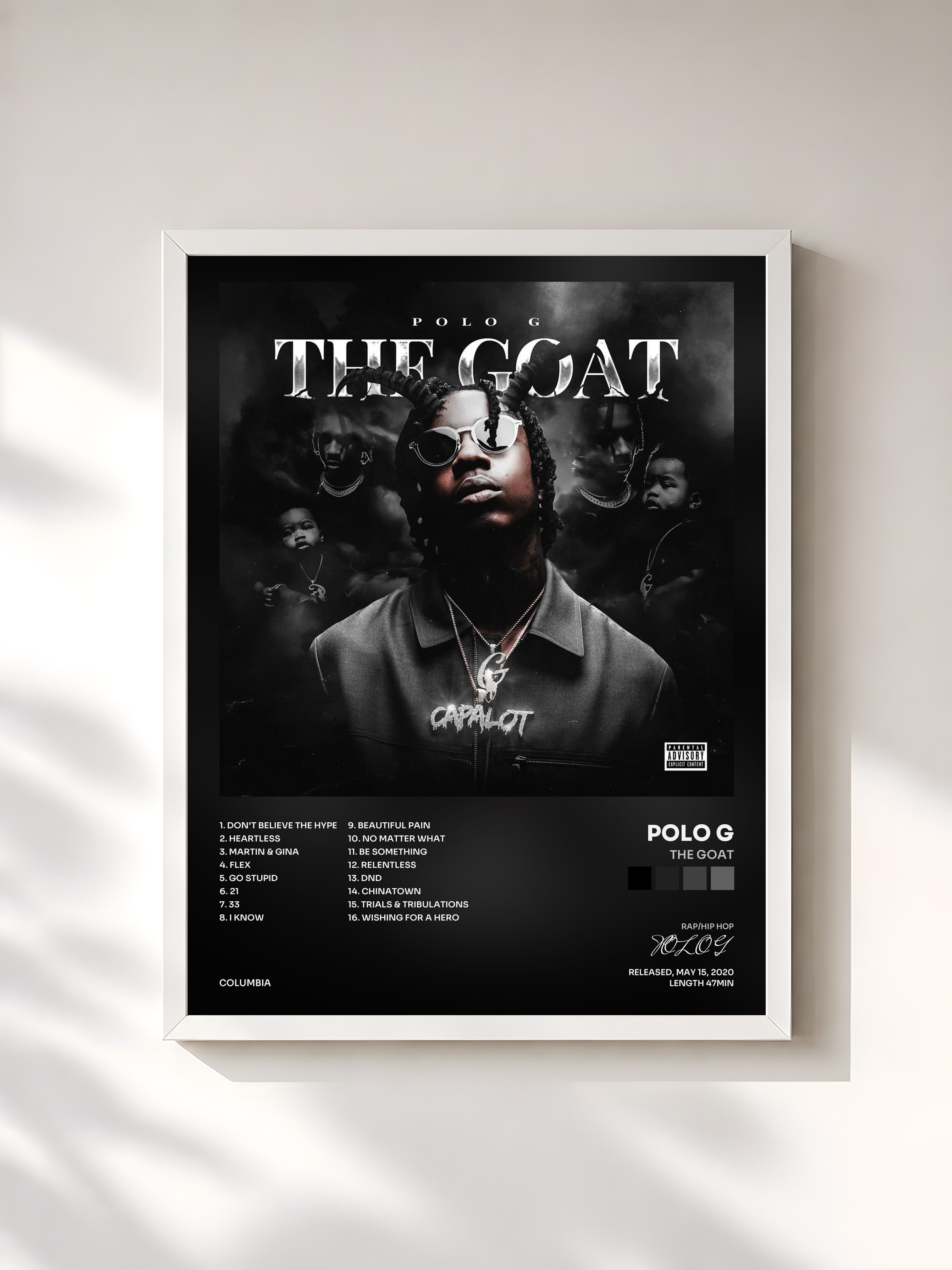 #blanc Tableau de l'album THE GOAT de POLO G, cadre blanc, imprimé et encadré en France