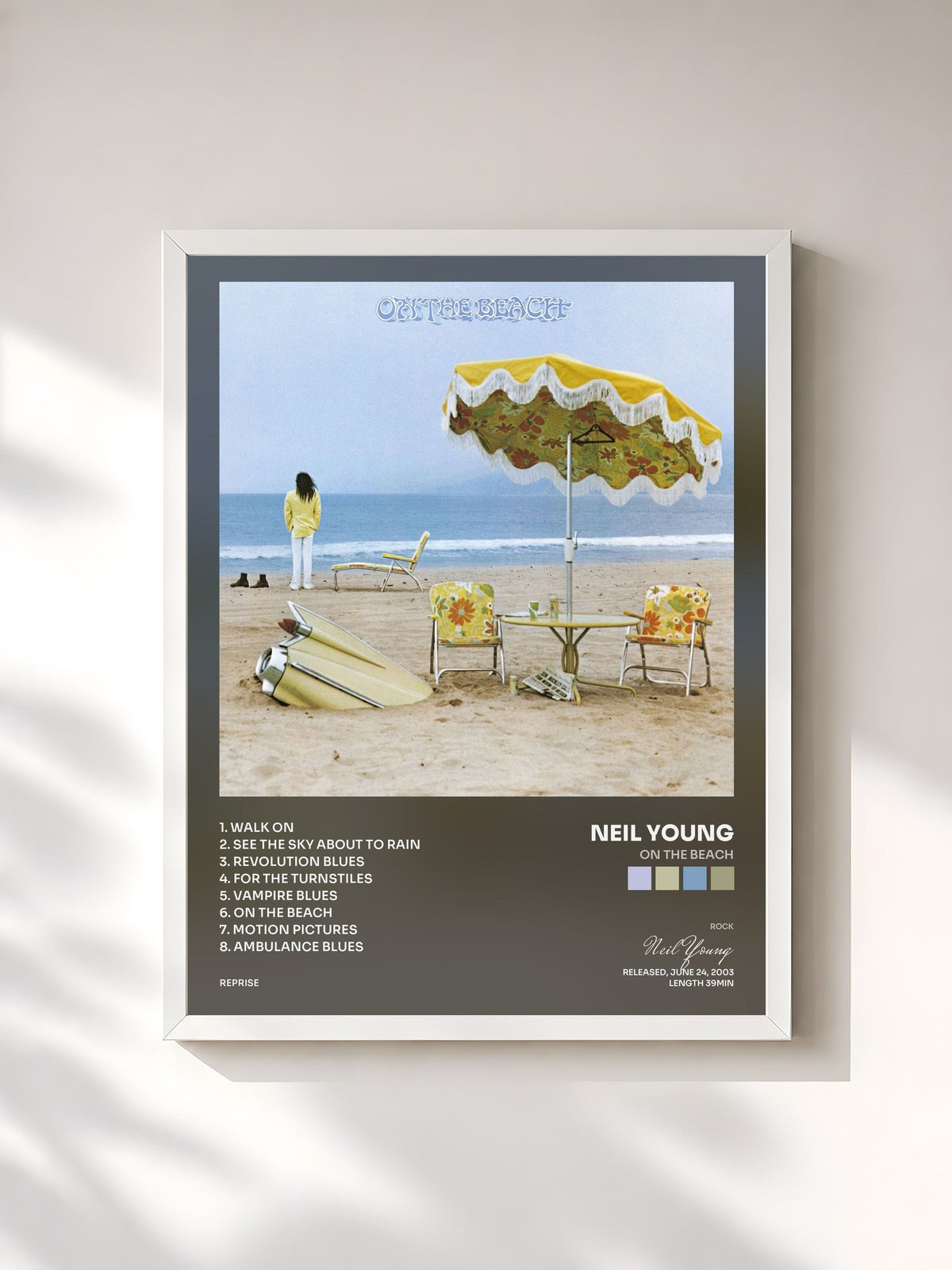#blanc Tableau de l'album On the Beach de Neil Young, cadre blanc, imprimé et encadré en France