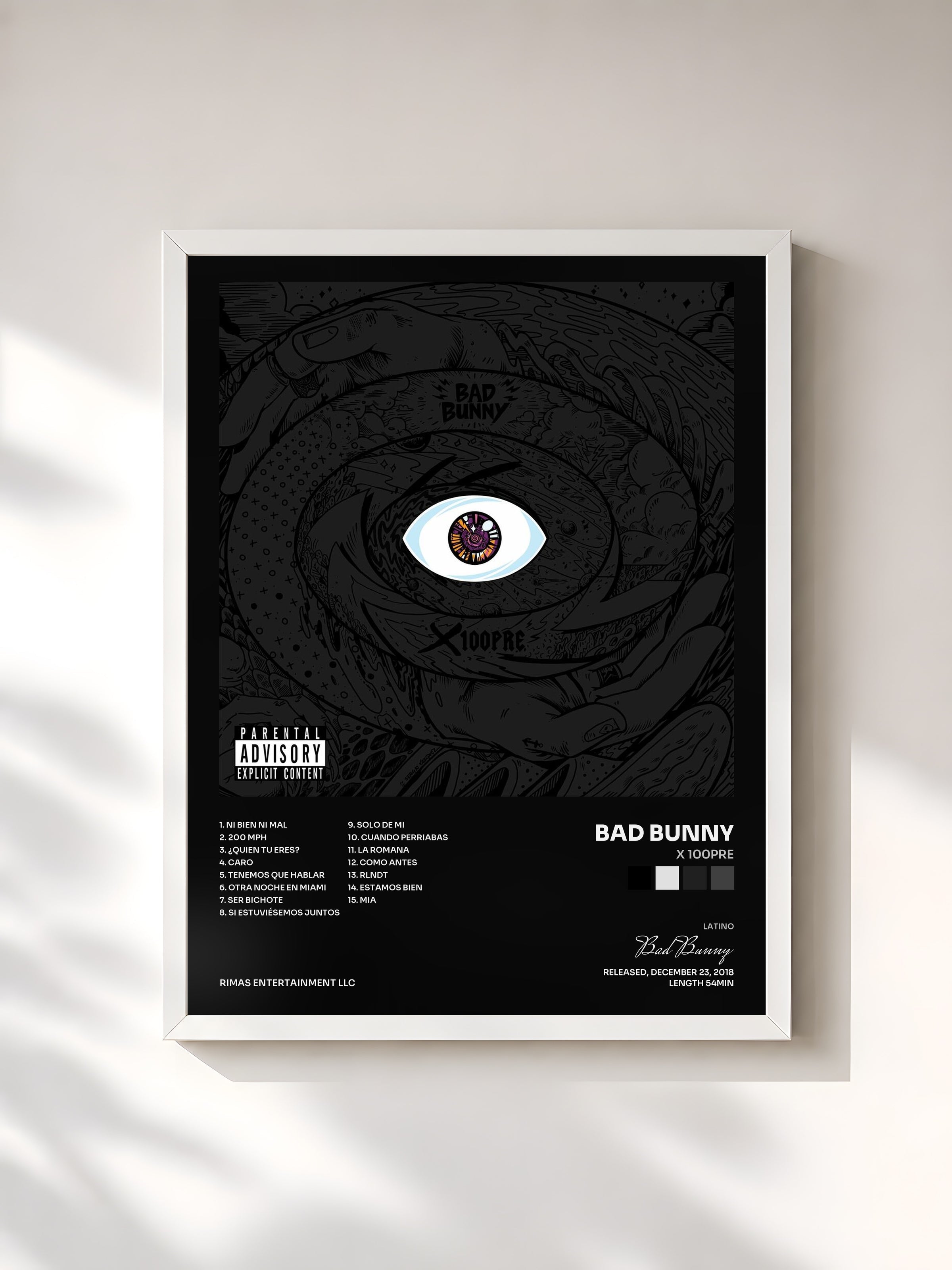 #blanc Tableau de l'album X 100PRE de Bad Bunny, cadre blanc, imprimé et encadré en France