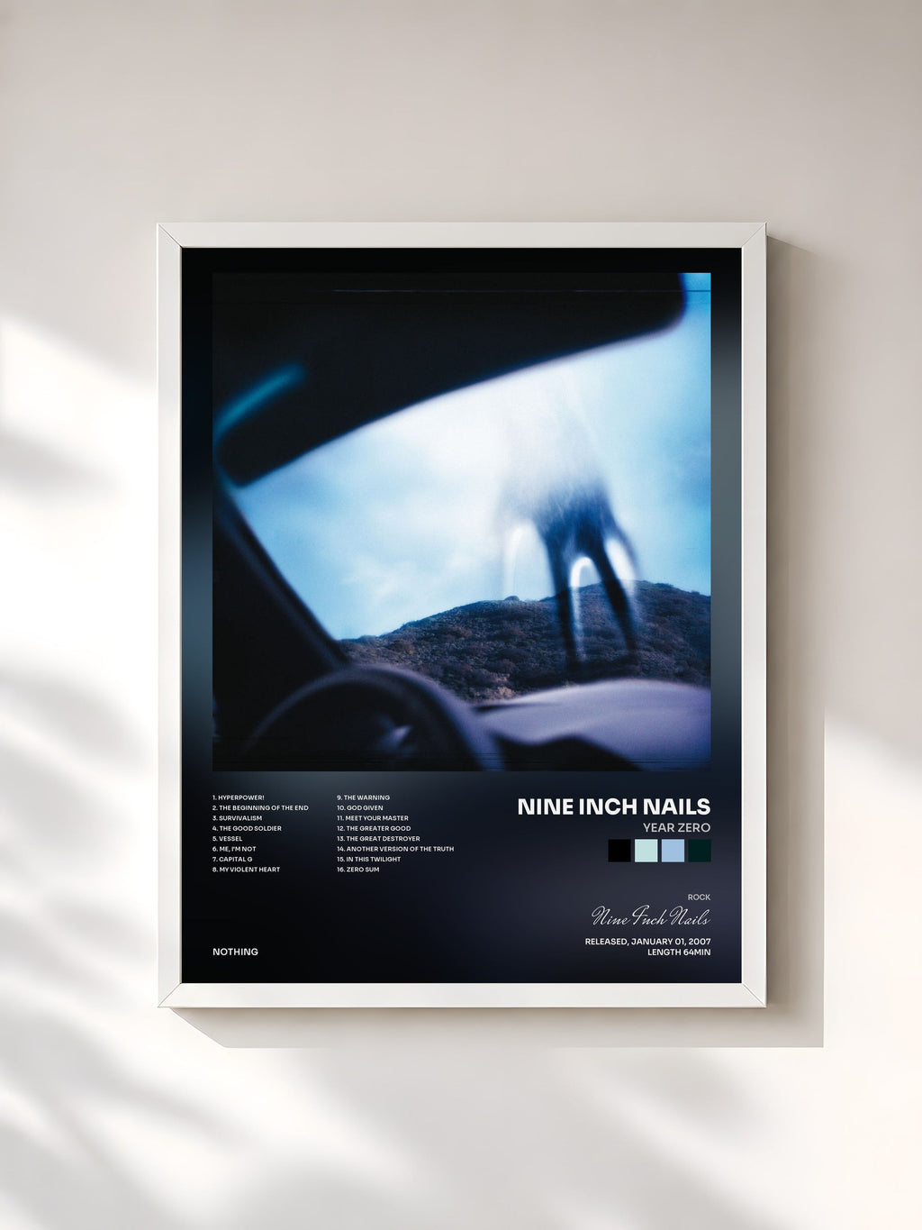 #blanc Tableau de l'album Year Zero de Nine Inch Nails, cadre blanc, imprimé et encadré en France