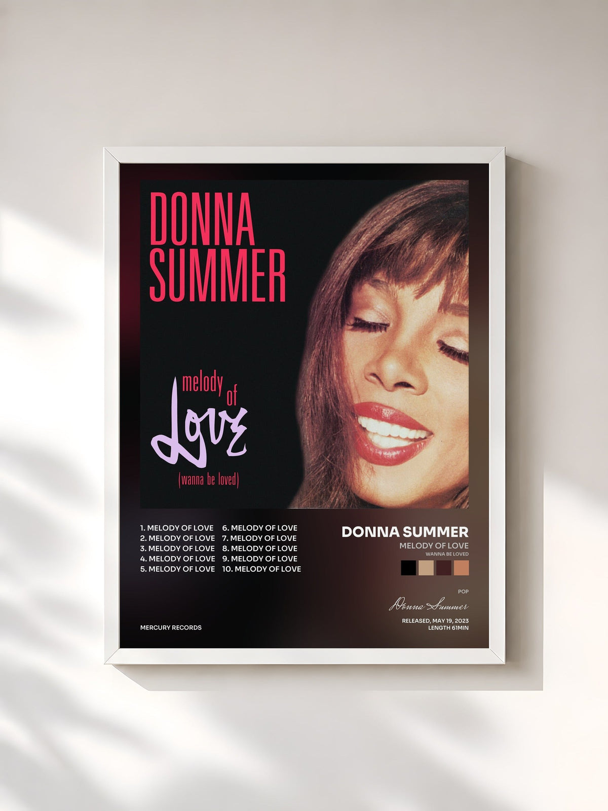 #blanc Tableau de l'album Melody Of Love (Wanna Be Loved) de Donna Summer, cadre blanc, imprimé et encadré en France