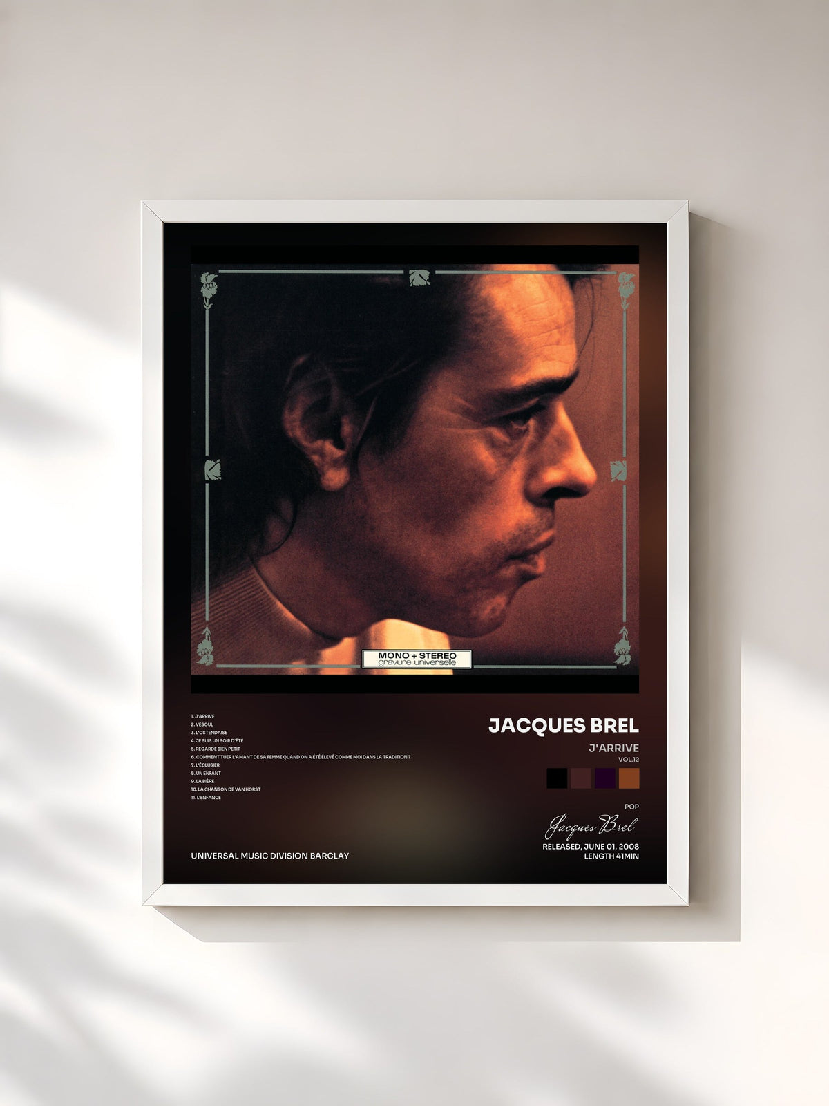 #blanc Tableau de l'album J'Arrive (Vol.12) de Jacques Brel, cadre blanc, imprimé et encadré en France