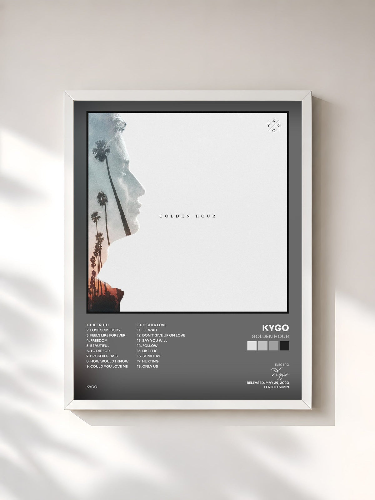 #blanc Tableau de l'album Golden Hour de Kygo, cadre blanc, imprimé et encadré en France