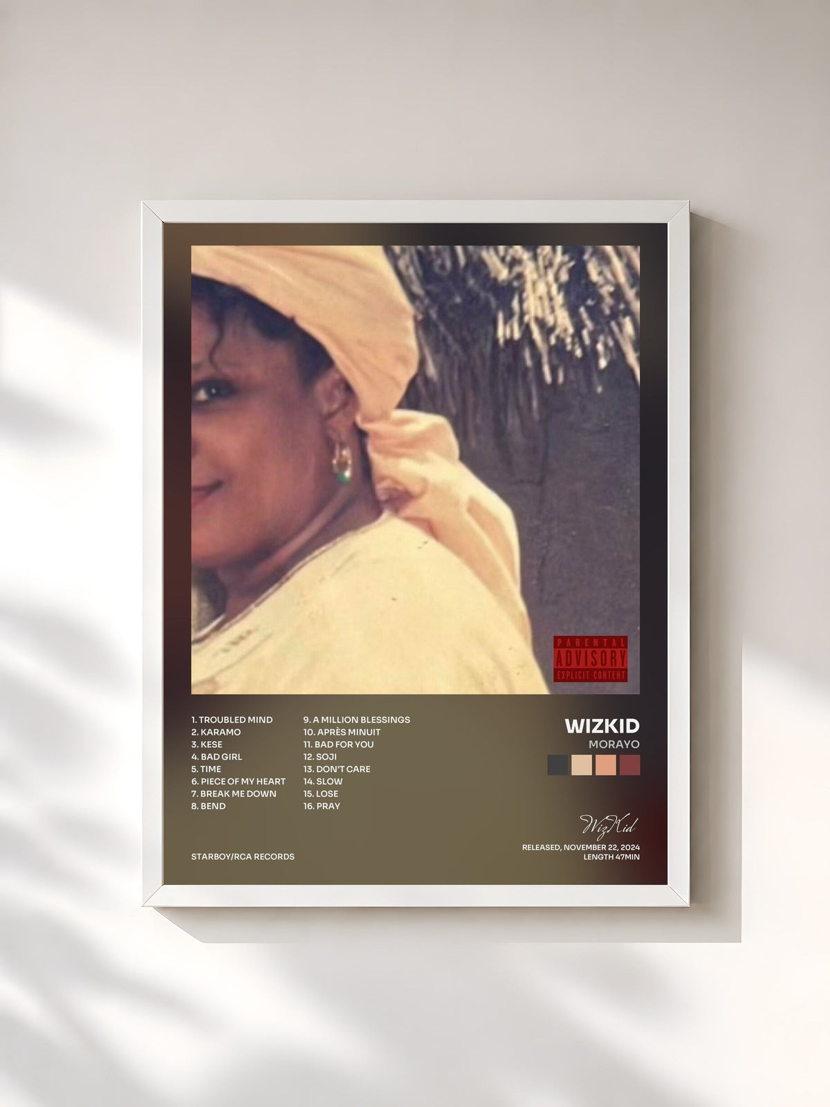 #blanc Tableau de l'album Morayo de WizKid, cadre blanc, imprimé et encadré en France