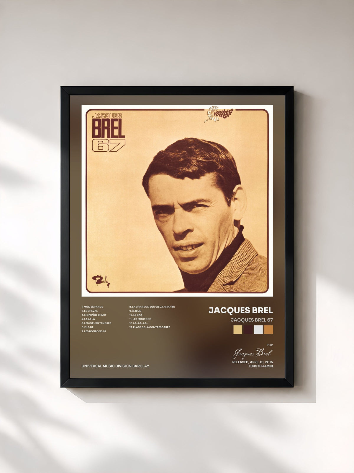 #noir Tableau de l'album Jacques Brel 67 de Jacques Brel, cadre noir, imprimé et encadré en France