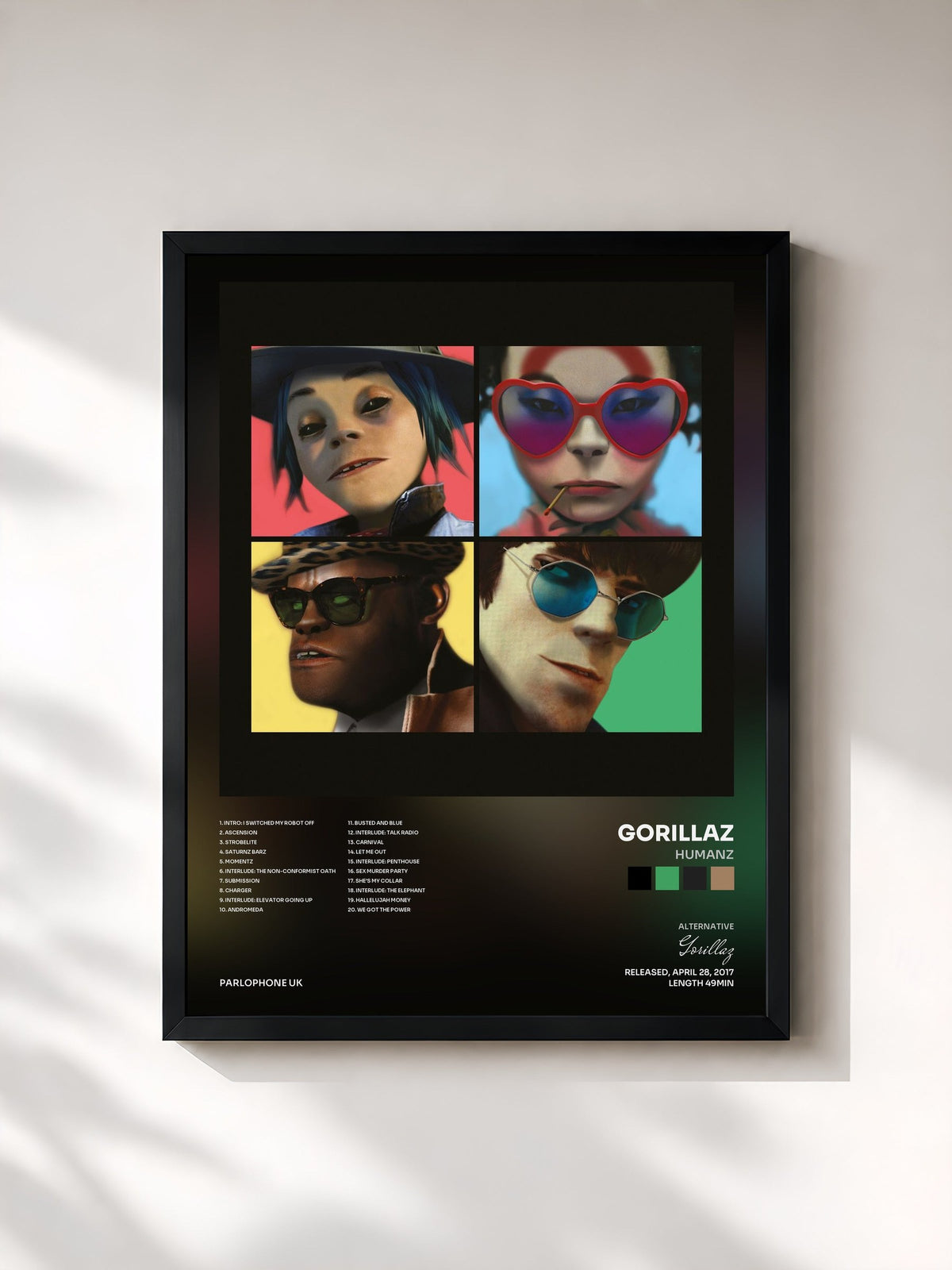 #noir Tableau de l'album Humanz de Gorillaz, cadre noir, imprimé et encadré en France