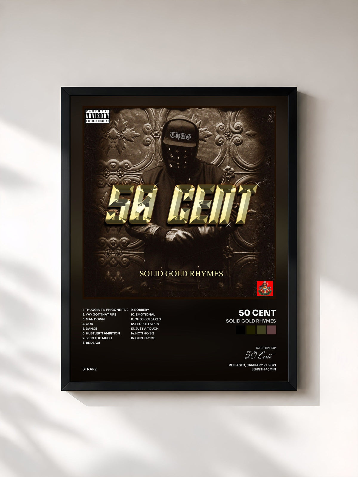 #noir Tableau de l'album Solid Gold Rhymes de 50 Cent, cadre noir, imprimé et encadré en France
