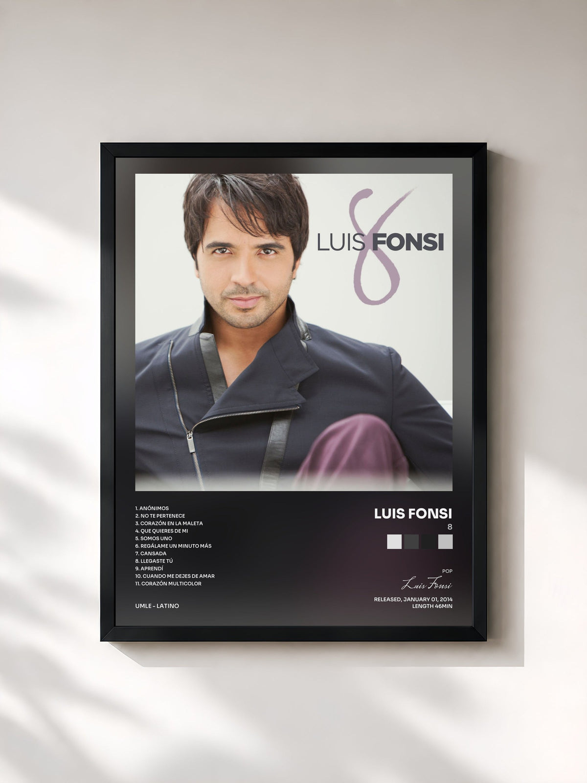 #noir 8 de Luis Fonsi en lámina enmarcada, marco negro, impresa y enmarcada en Francia