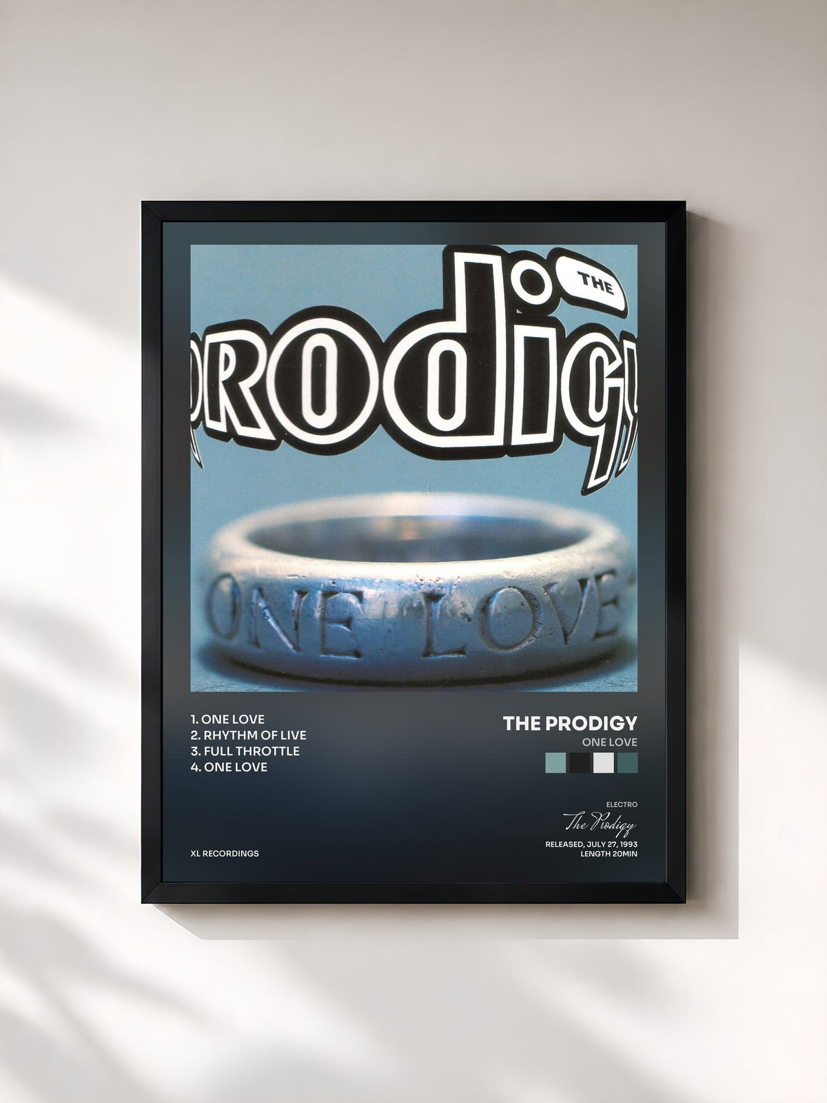#noir Tableau de l'album One Love de The Prodigy, cadre noir, imprimé et encadré en France