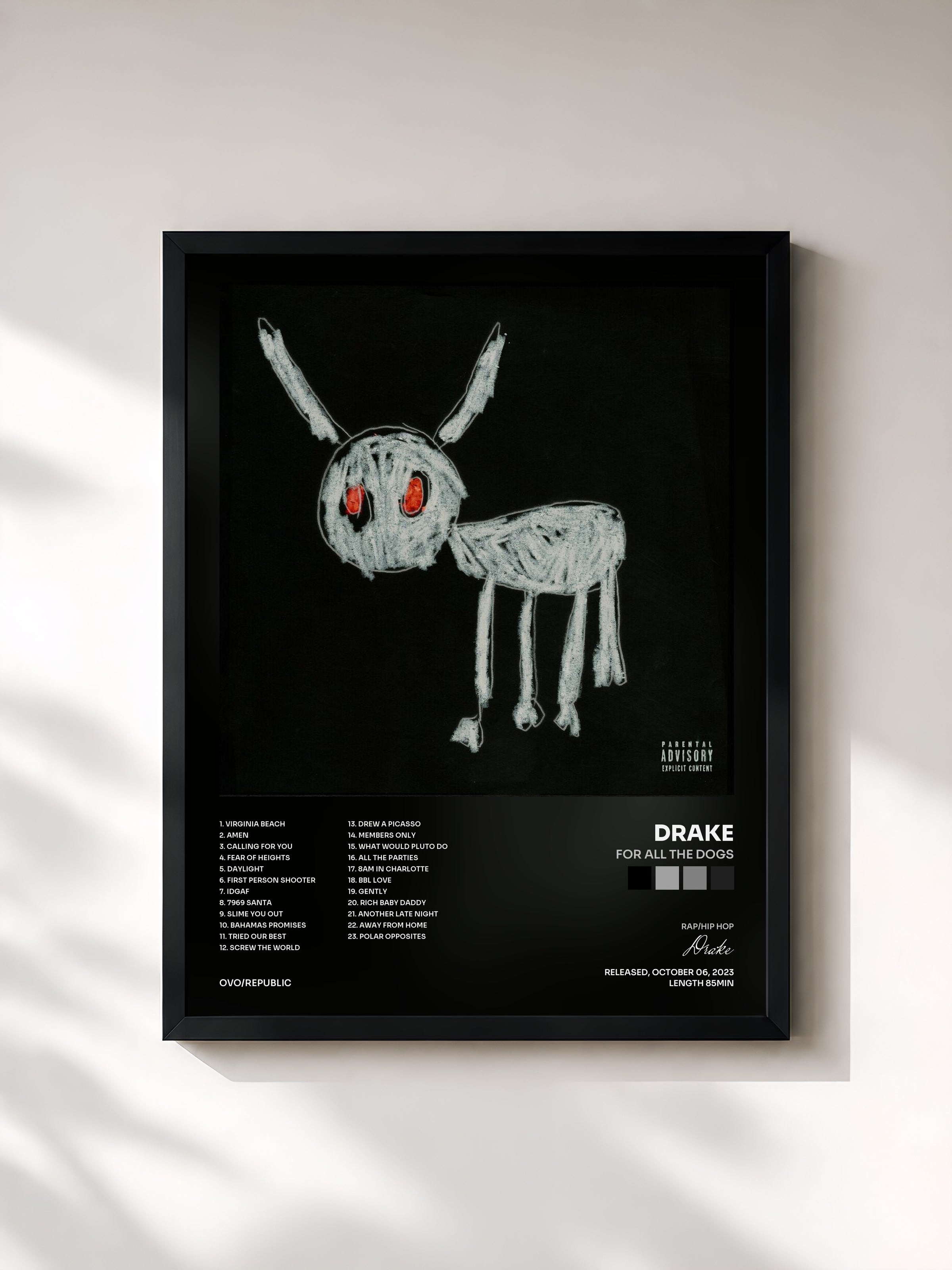 #noir Tableau de l'album For All The Dogs de Drake, cadre noir, imprimé et encadré en France
