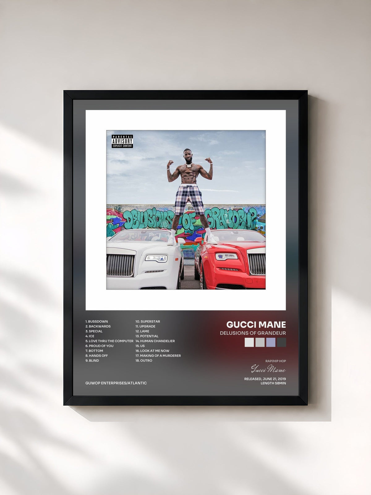 #noir Tableau de l'album Delusions of Grandeur de Gucci Mane, cadre noir, imprimé et encadré en France