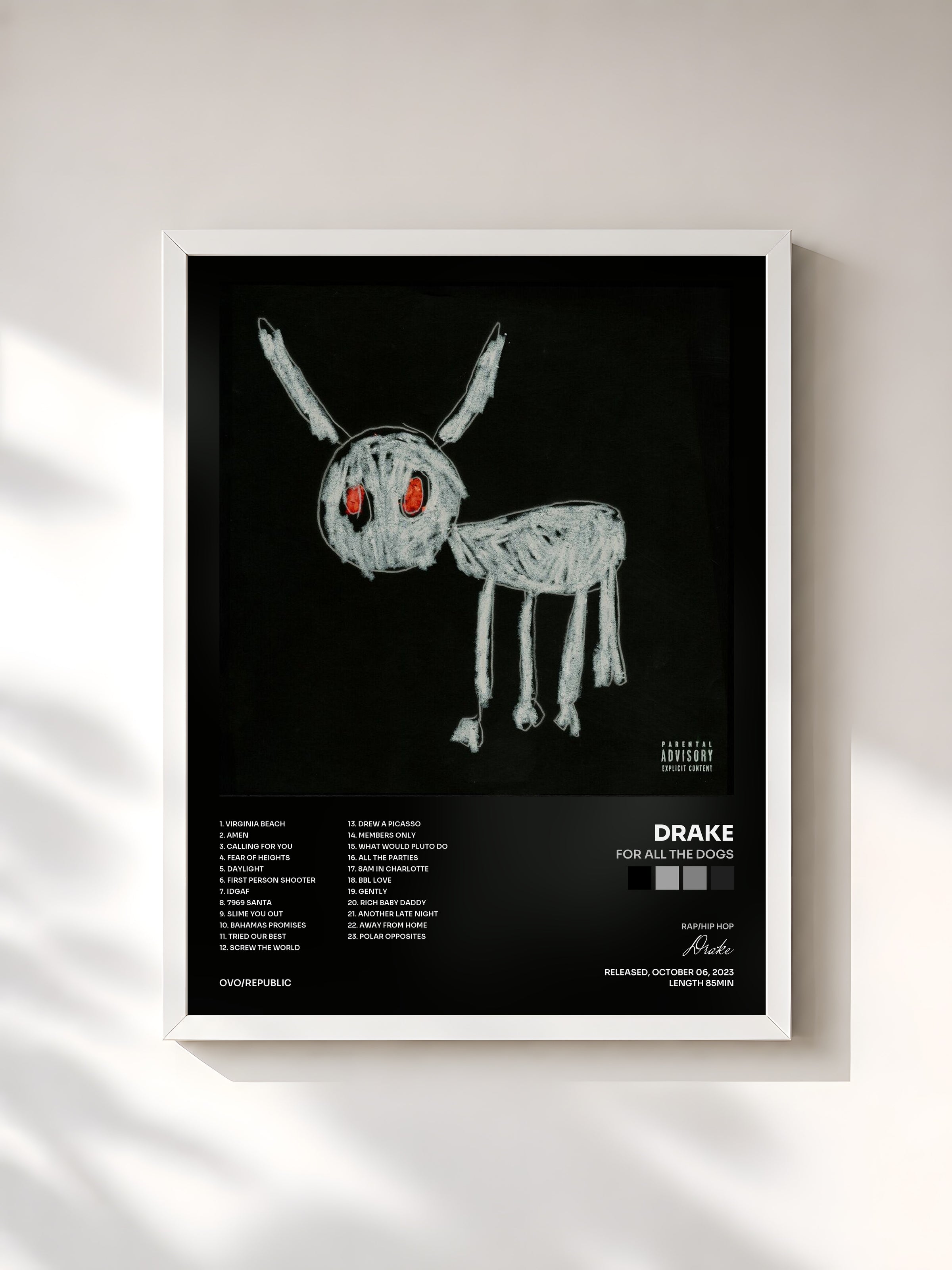 #blanc Tableau de l'album For All The Dogs de Drake, cadre blanc, imprimé et encadré en France