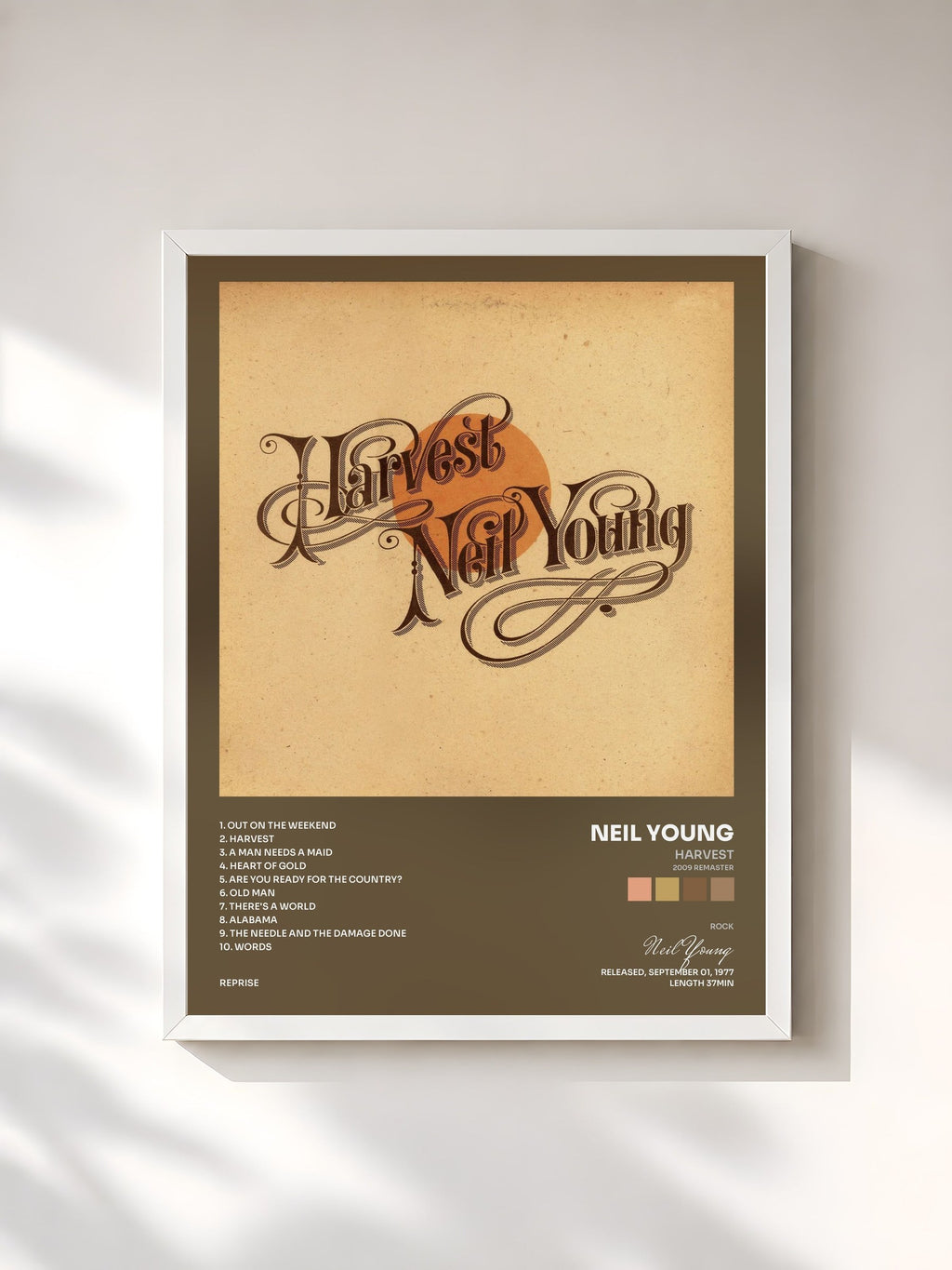#blanc Tableau de l'album Harvest (2009 Remaster) de Neil Young, cadre blanc, imprimé et encadré en France