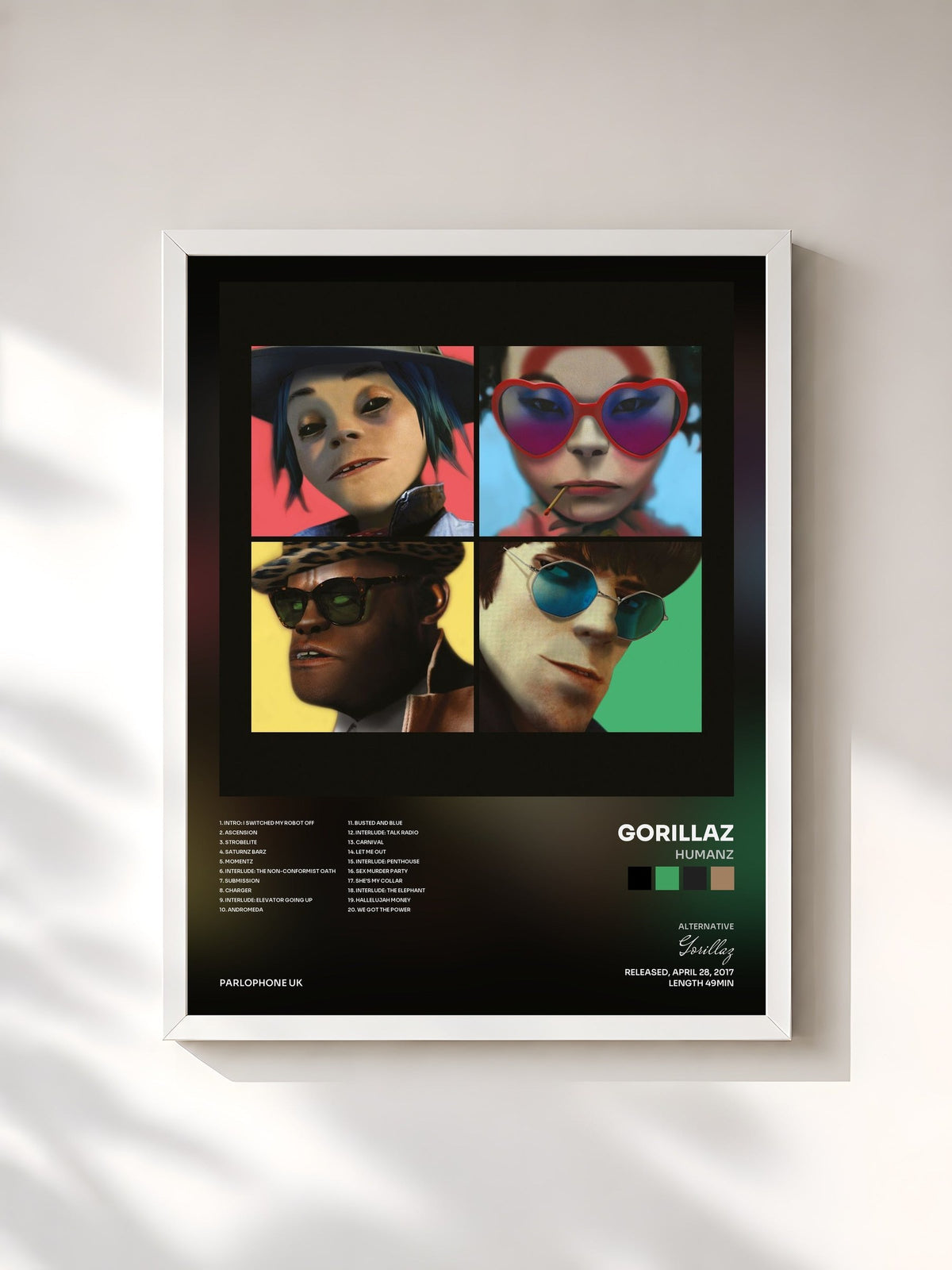 #blanc Tableau de l'album Humanz de Gorillaz, cadre blanc, imprimé et encadré en France