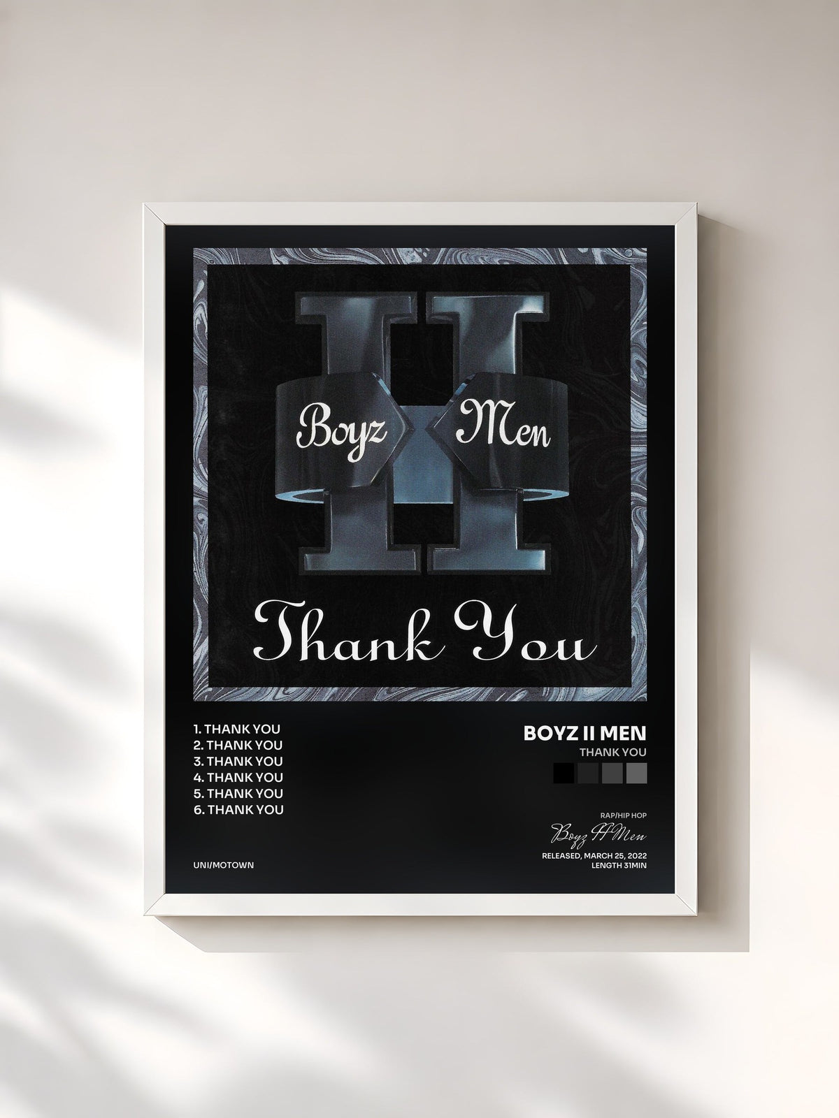 #blanc Tableau de l'album Thank You de Boyz II Men, cadre blanc, imprimé et encadré en France