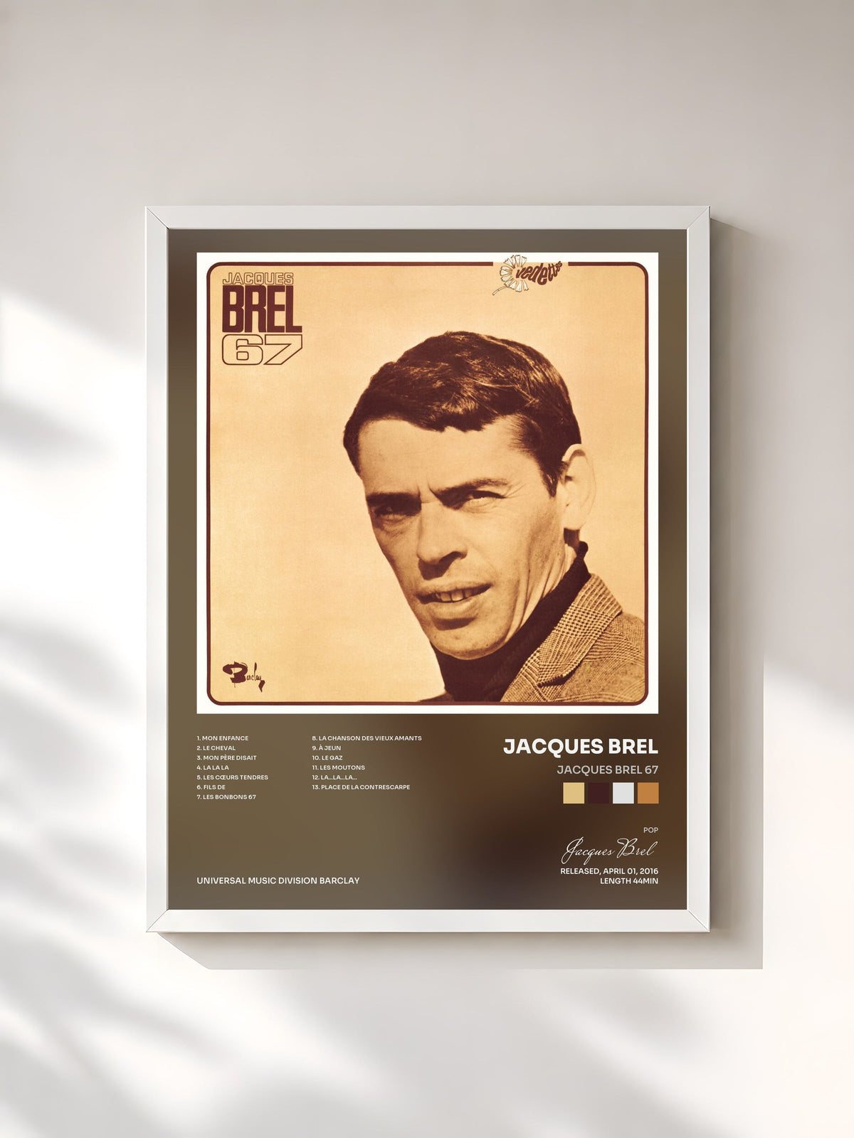 #blanc Tableau de l'album Jacques Brel 67 de Jacques Brel, cadre blanc, imprimé et encadré en France