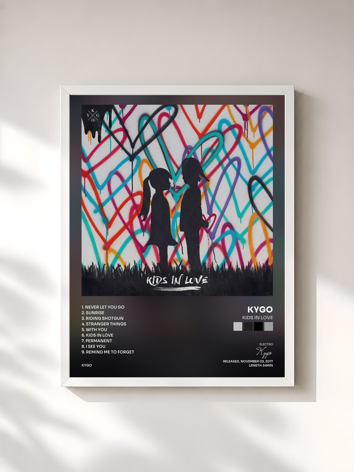 #blanc Tableau de l'album Kids in Love de Kygo, cadre blanc, imprimé et encadré en France