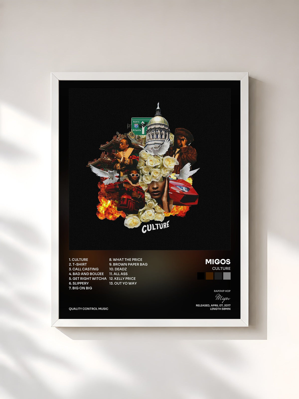 #blanc Tableau de l'album Culture de Migos, cadre blanc, imprimé et encadré en France