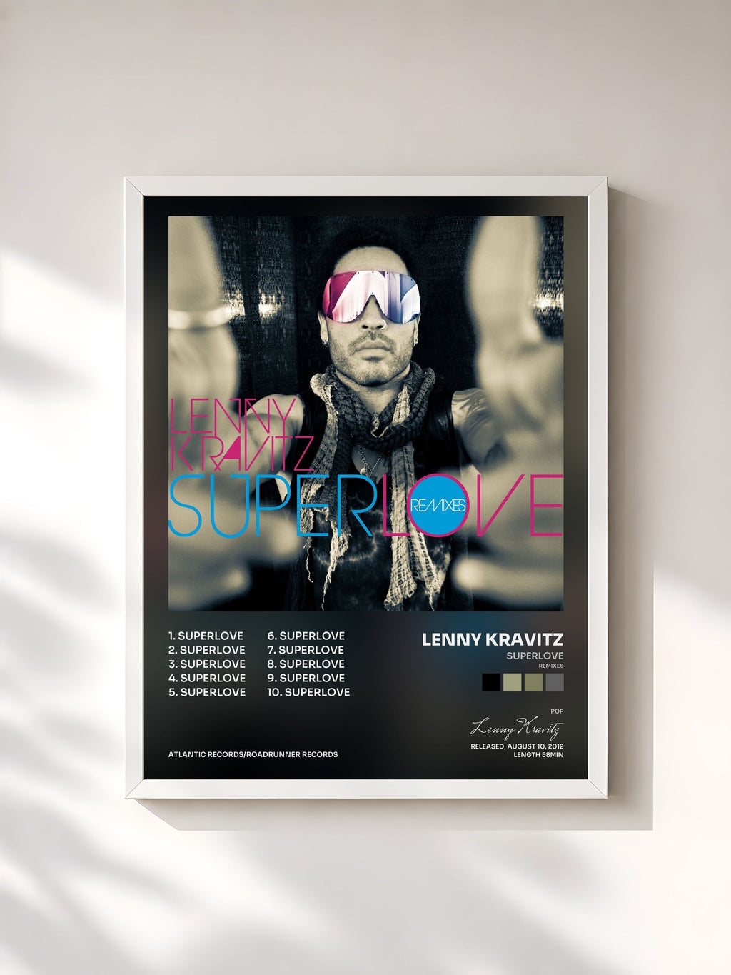 #blanc Tableau de l'album Superlove (Remixes) de Lenny Kravitz, cadre blanc, imprimé et encadré en France