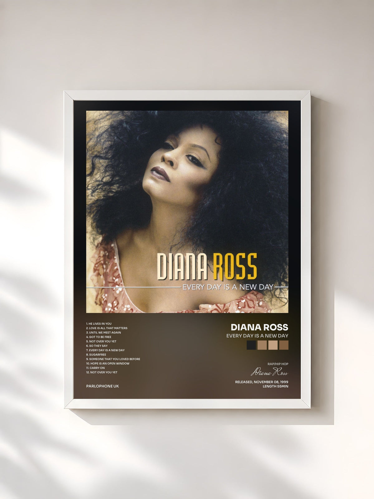 #blanc Tableau de l'album Every Day Is a New Day de Diana Ross, cadre blanc, imprimé et encadré en France