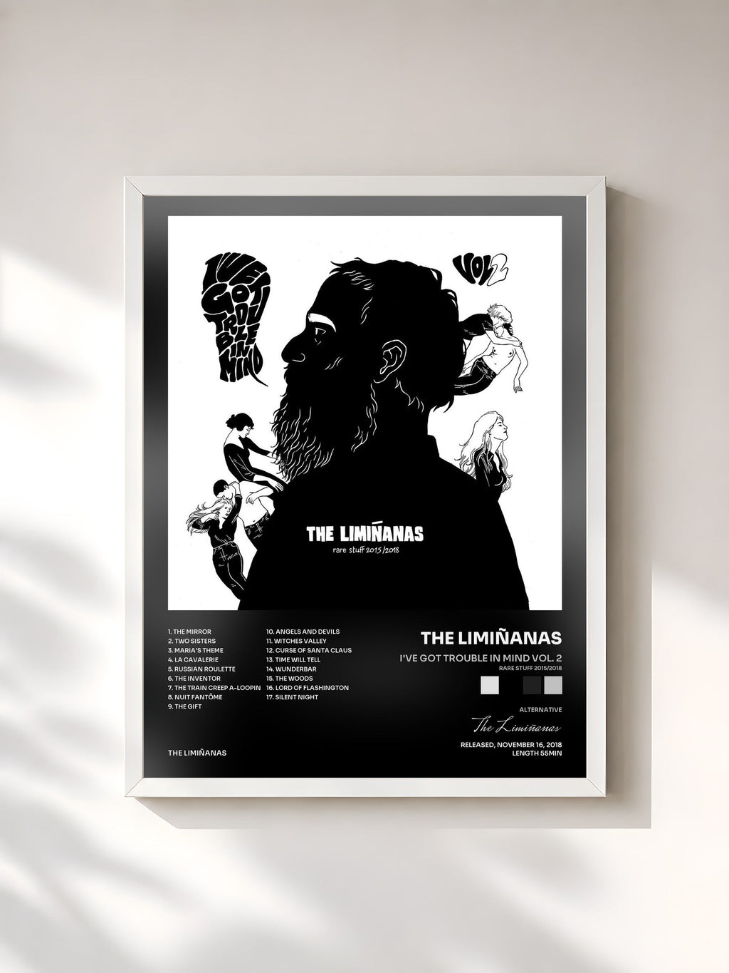 #blanc Tableau de l'album I've Got Trouble In Mind Vol. 2 (Rare Stuff 2015/2018) de The Limiñanas, cadre blanc, imprimé et encadré en France