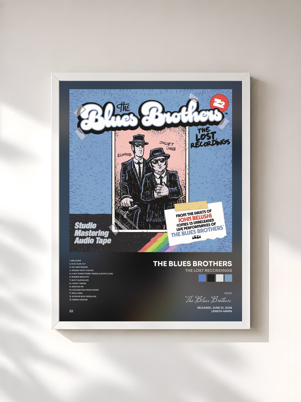 #blanc The Lost Recordings by The Blues Brothers as a framed art print, white frame, printed and framed in France
