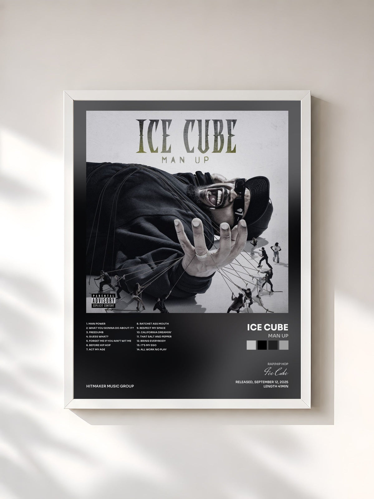 #blanc Tableau de l'album Man Up de Ice Cube, cadre blanc, imprimé et encadré en France