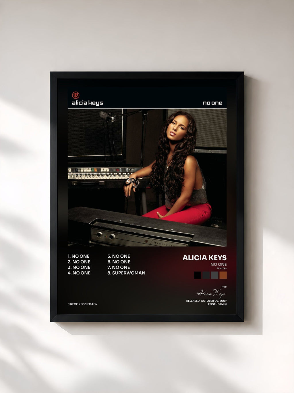 #noir Tableau de l'album No One (Remixes) de Alicia Keys, cadre noir, imprimé et encadré en France