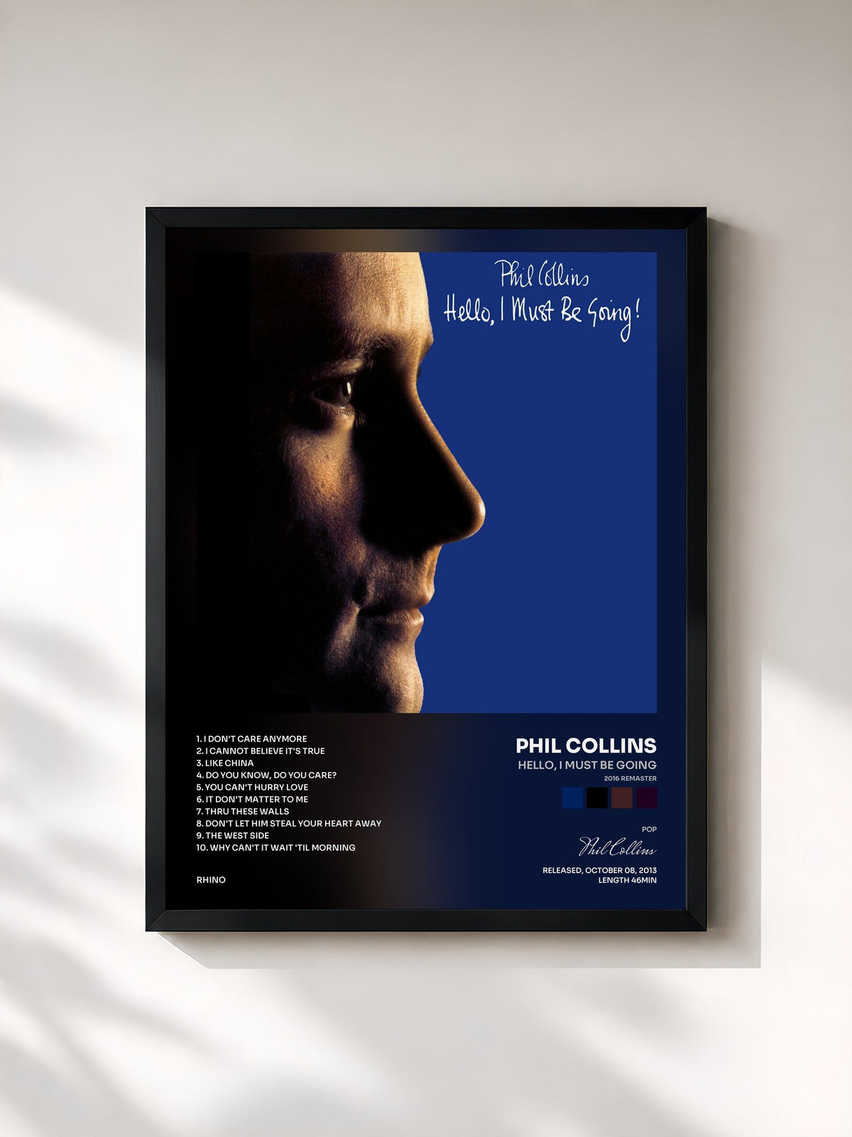 #noir Tableau de l'album Hello, I Must Be Going (2016 Remaster) de Phil Collins, cadre noir, imprimé et encadré en France