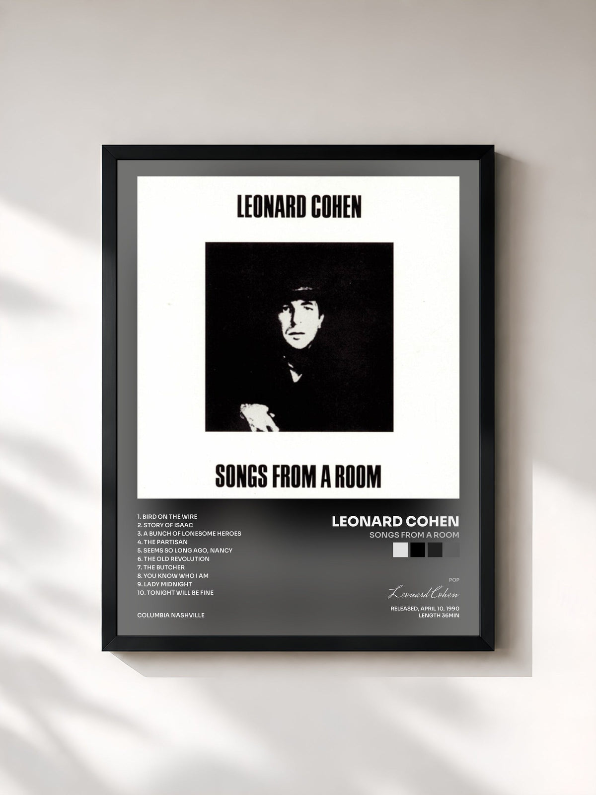 #noir Tableau de l'album Songs From A Room de Leonard Cohen, cadre noir, imprimé et encadré en France