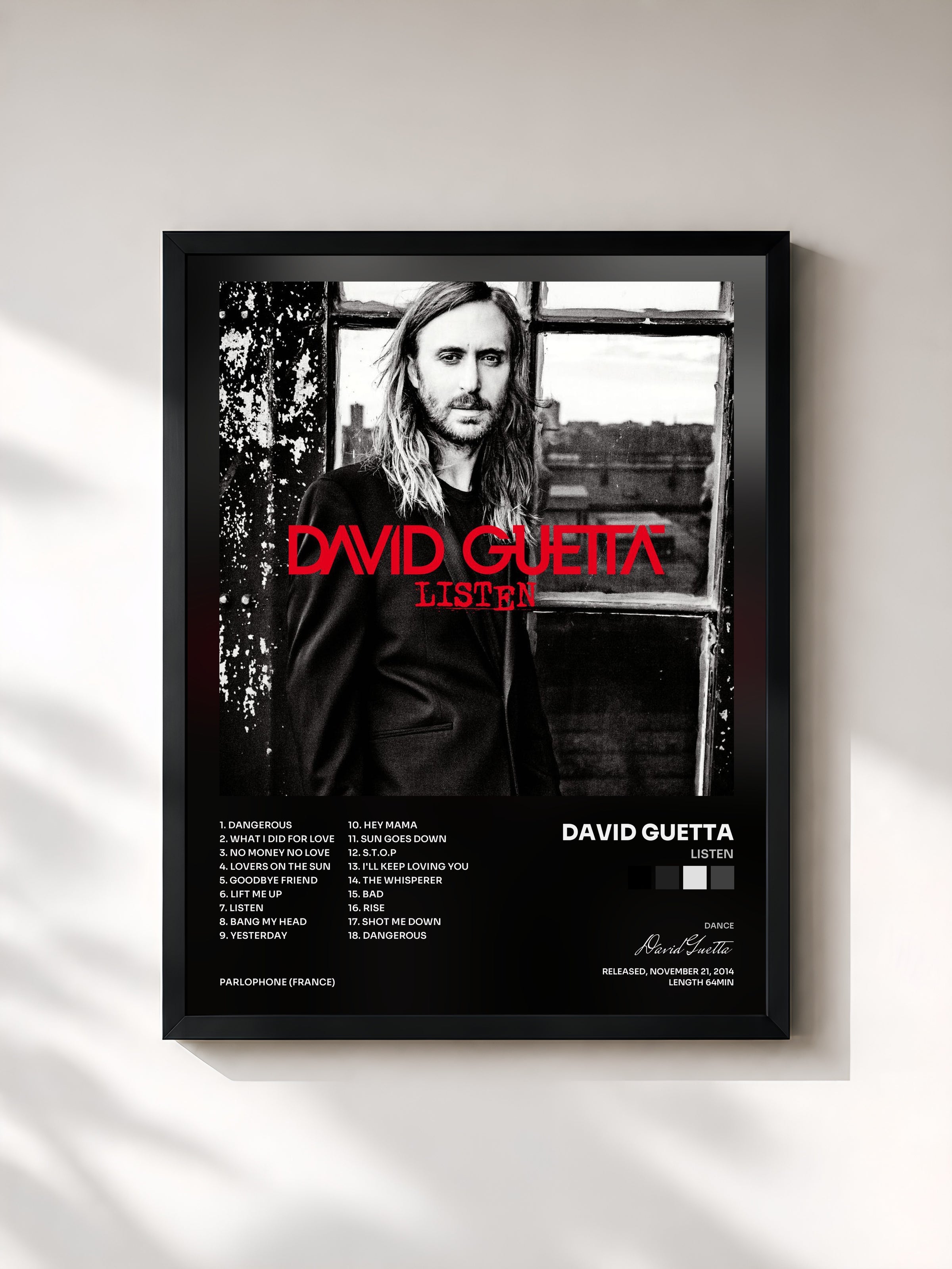 #noir Listen di David Guetta in stampa incorniciata, cornice nera, stampata e incorniciata in Francia
