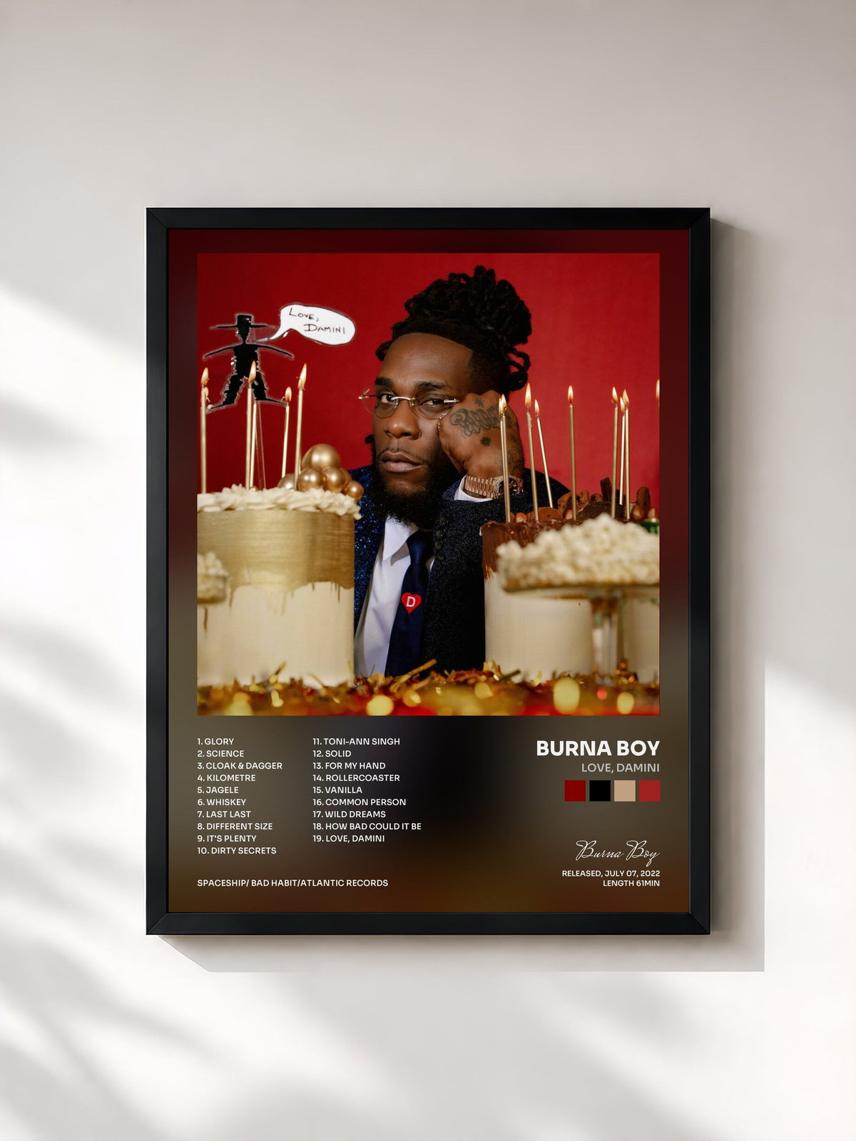 #noir Tableau de l'album Love, Damini de Burna Boy, cadre noir, imprimé et encadré en France