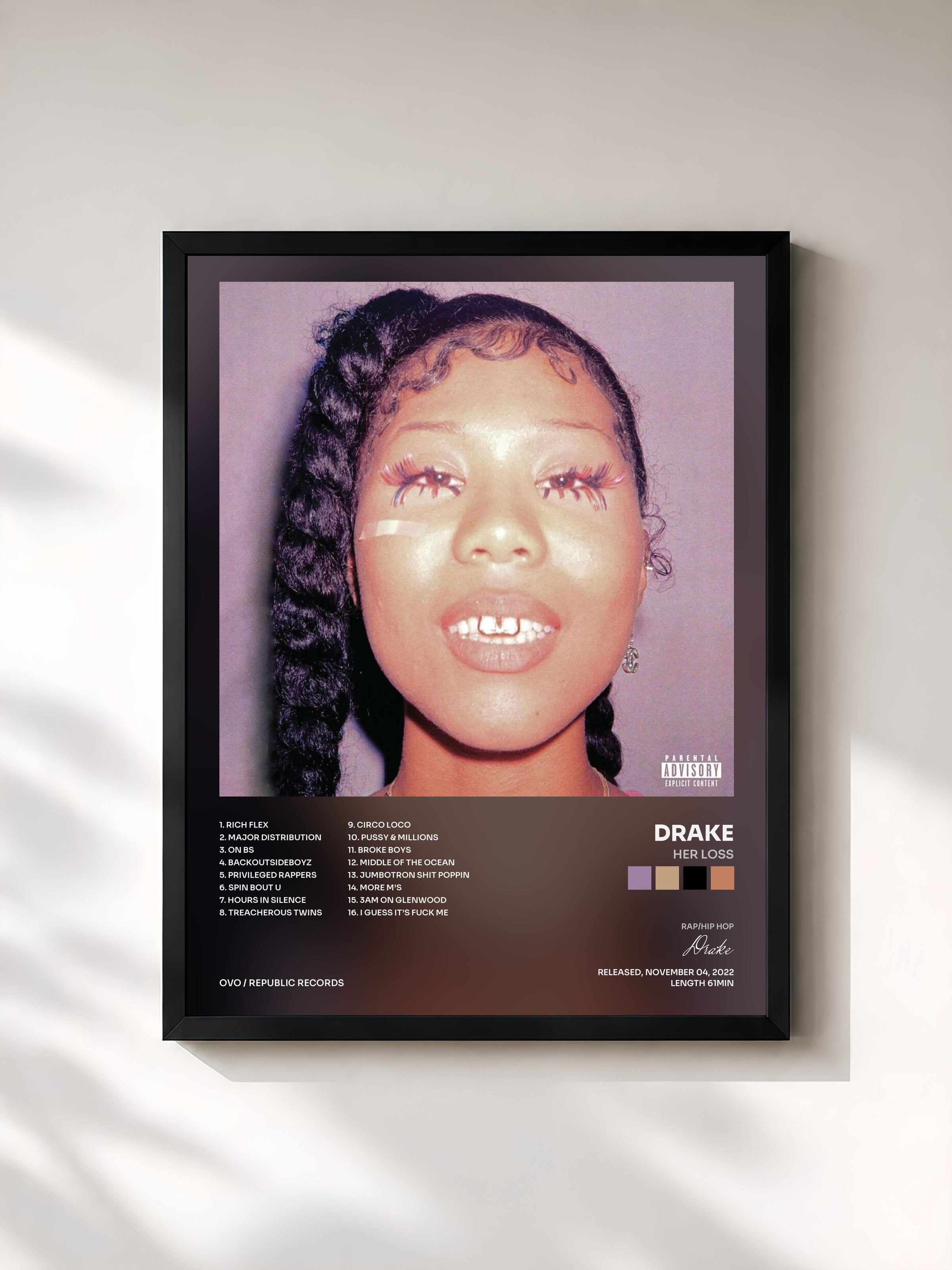 #noir Tableau de l'album Her Loss de Drake, cadre noir, imprimé et encadré en France