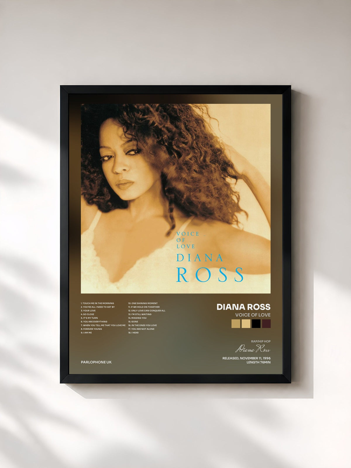 #noir Tableau de l'album Voice of Love de Diana Ross, cadre noir, imprimé et encadré en France