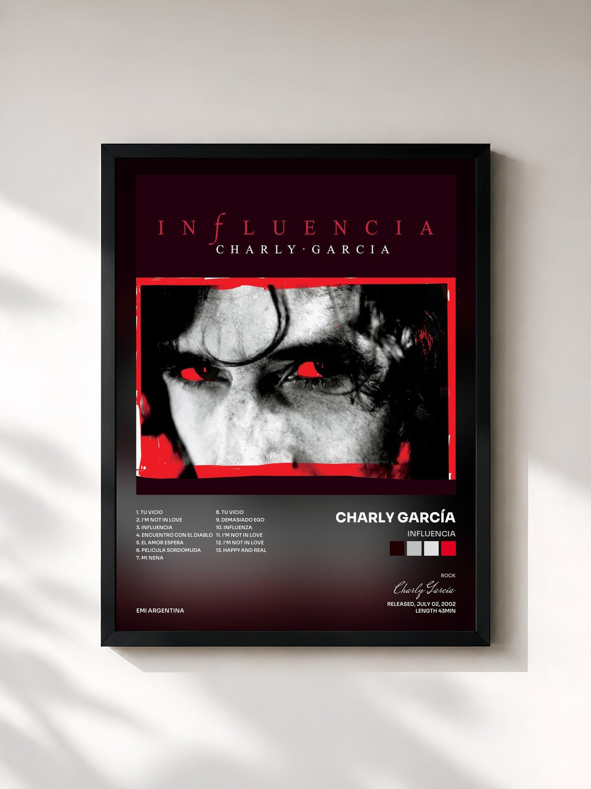 #noir Tableau de l'album Influencia de Charly García, cadre noir, imprimé et encadré en France