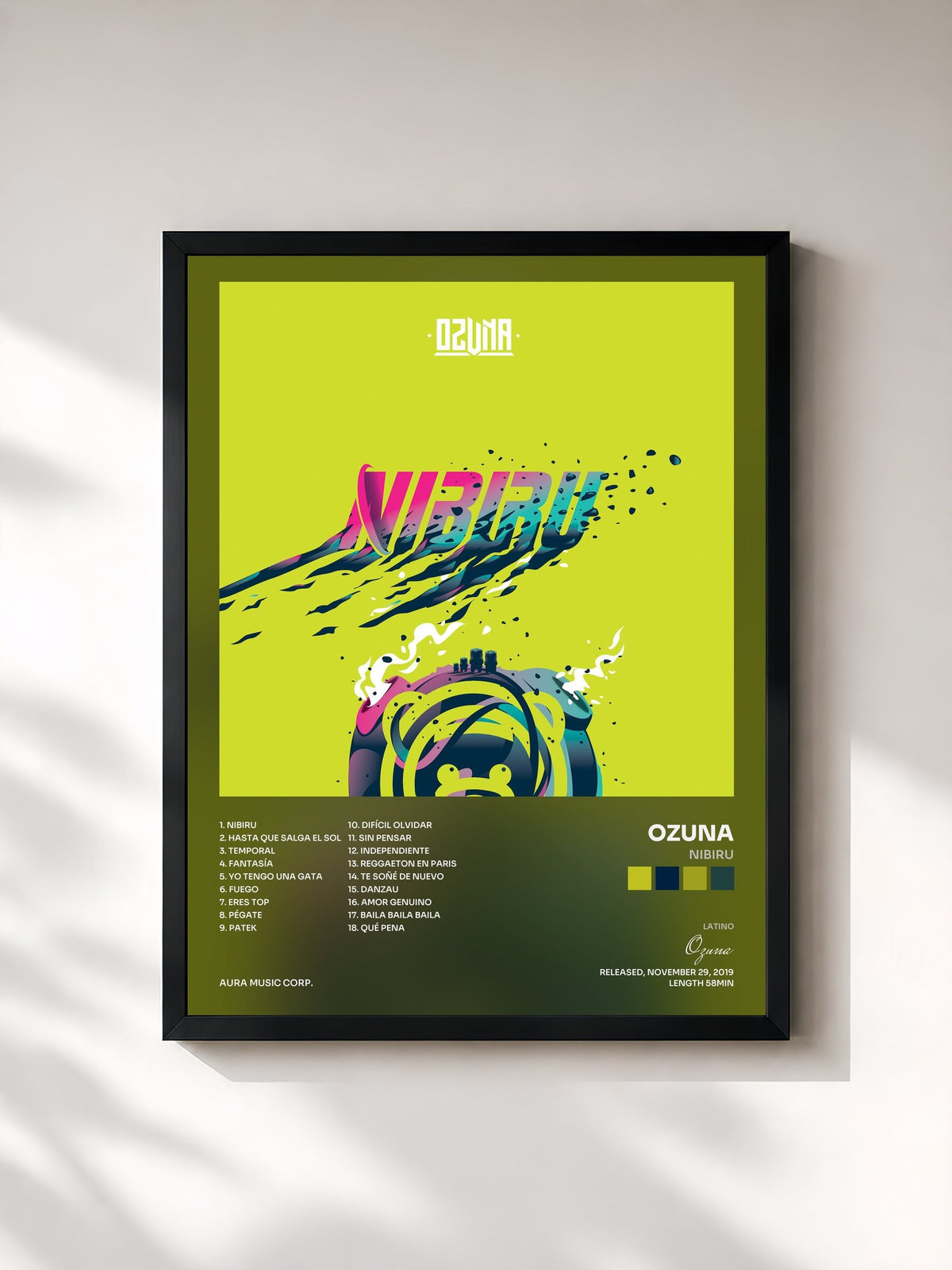 #noir Tableau de l'album Nibiru de Ozuna, cadre noir, imprimé et encadré en France