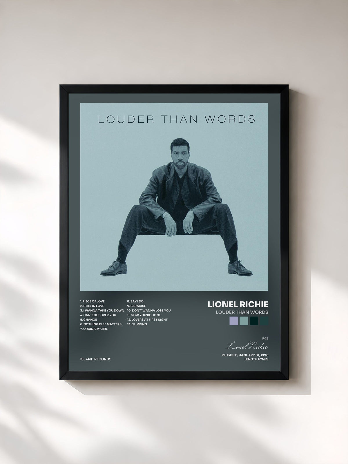 #noir Tableau de l'album Louder Than Words de Lionel Richie, cadre noir, imprimé et encadré en France