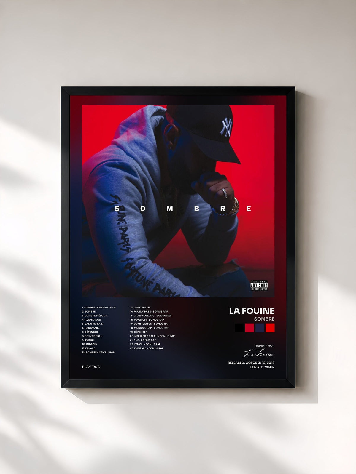 #noir Tableau de l'album Sombre de La Fouine, cadre noir, imprimé et encadré en France
