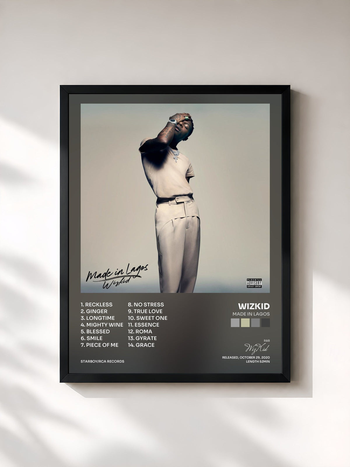 #noir Tableau de l'album Made In Lagos de WizKid, cadre noir, imprimé et encadré en France