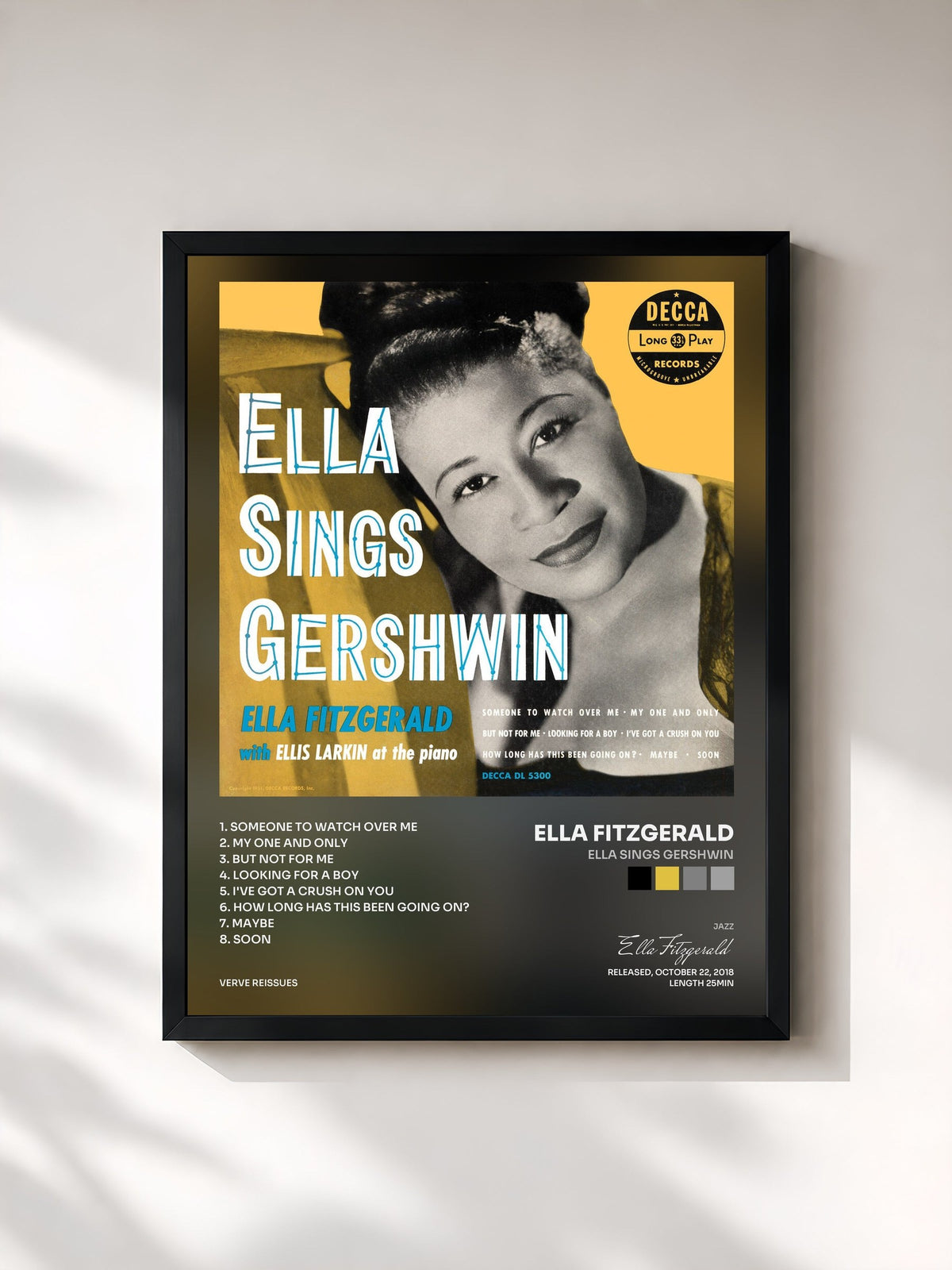 #noir Tableau de l'album Ella Sings Gershwin de Ella Fitzgerald, cadre noir, imprimé et encadré en France