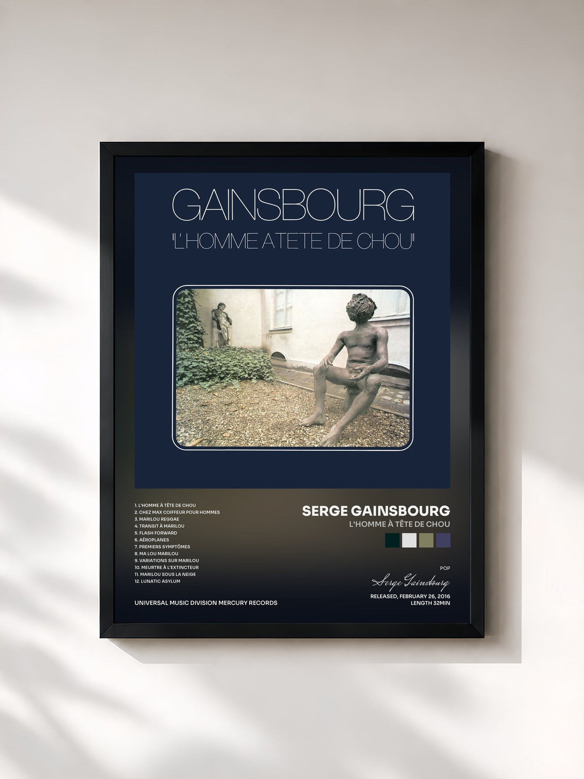 #noir Tableau de l'album L'homme à tête de chou de Serge Gainsbourg, cadre noir, imprimé et encadré en France