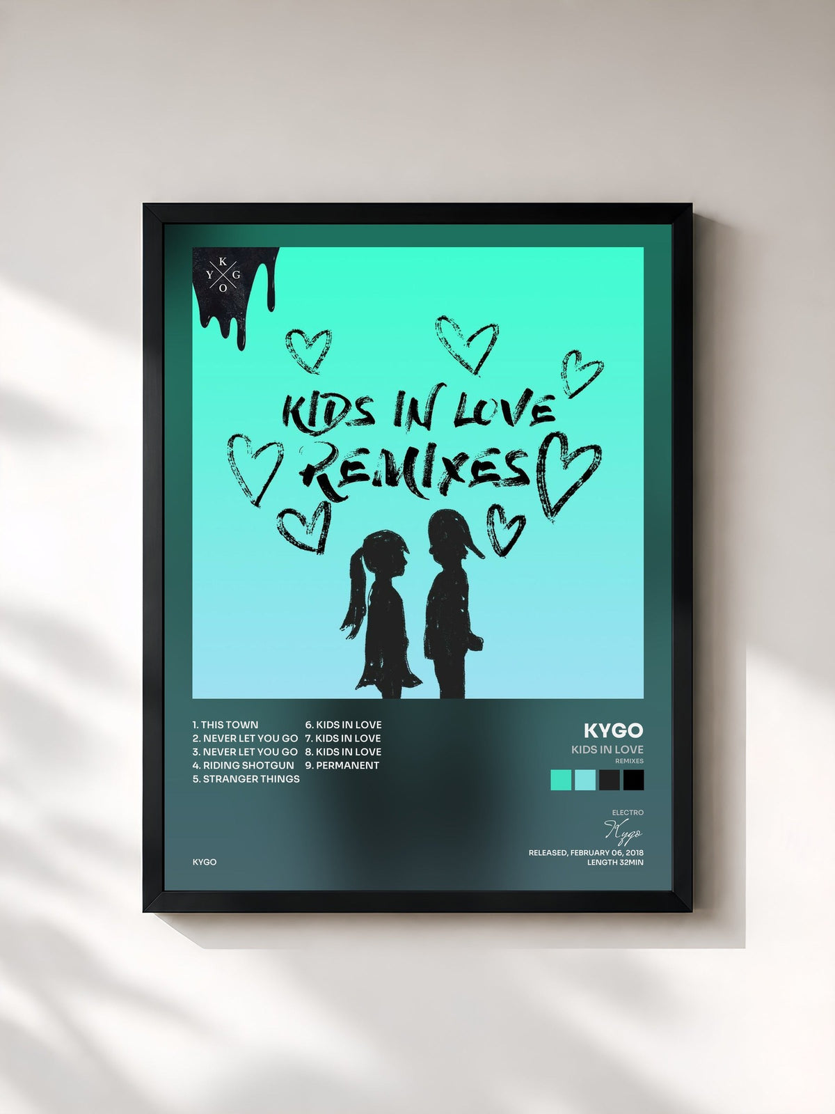 #noir Tableau de l'album Kids in Love (Remixes) de Kygo, cadre noir, imprimé et encadré en France