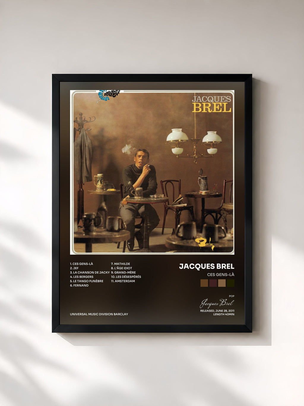 #noir Tableau de l'album Ces gens-là de Jacques Brel, cadre noir, imprimé et encadré en France