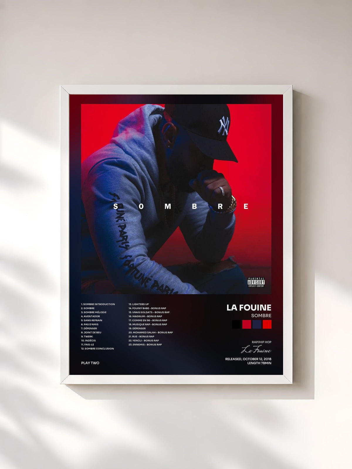#blanc Tableau de l'album Sombre de La Fouine, cadre blanc, imprimé et encadré en France