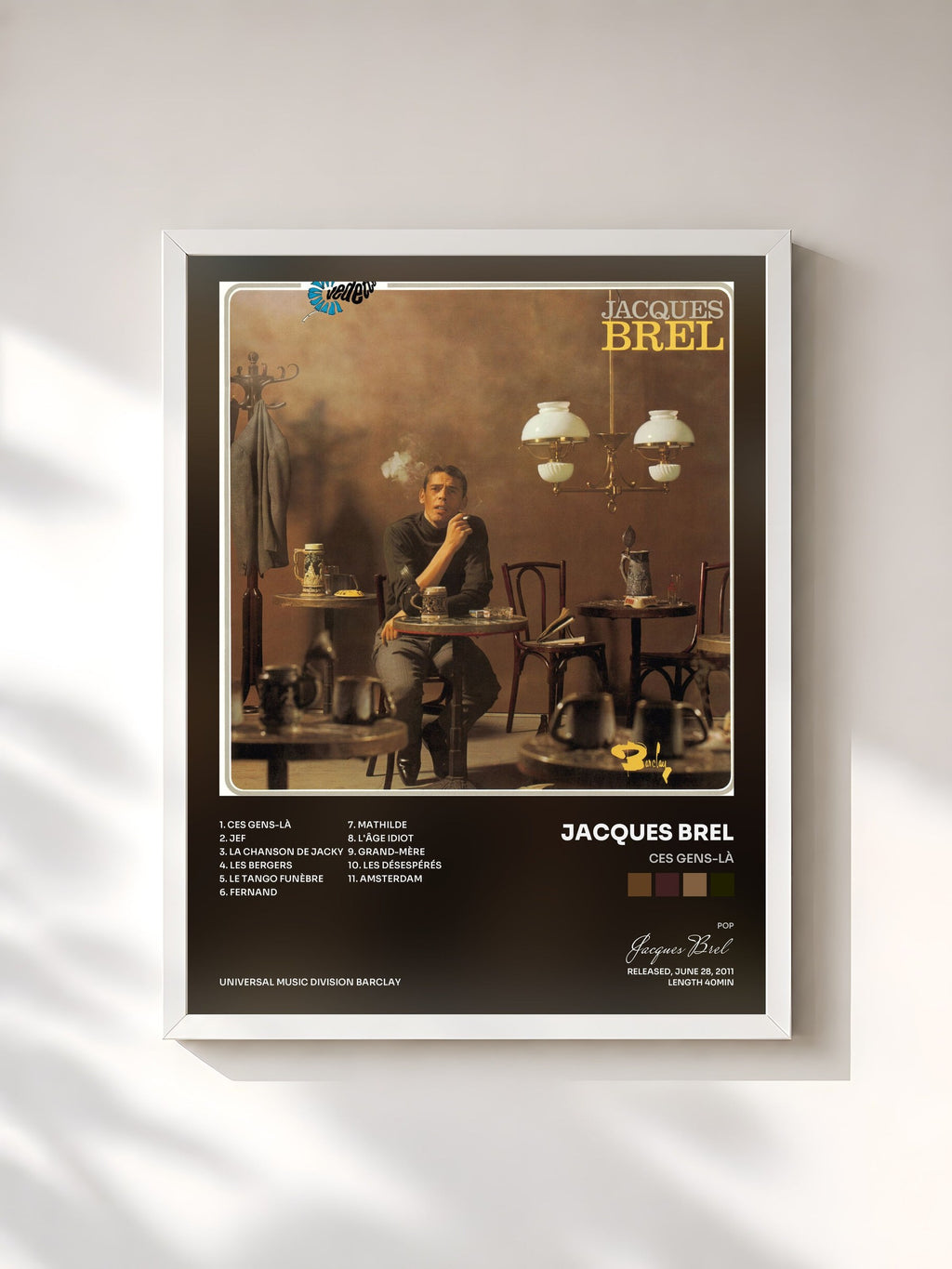#blanc Tableau de l'album Ces gens-là de Jacques Brel, cadre blanc, imprimé et encadré en France